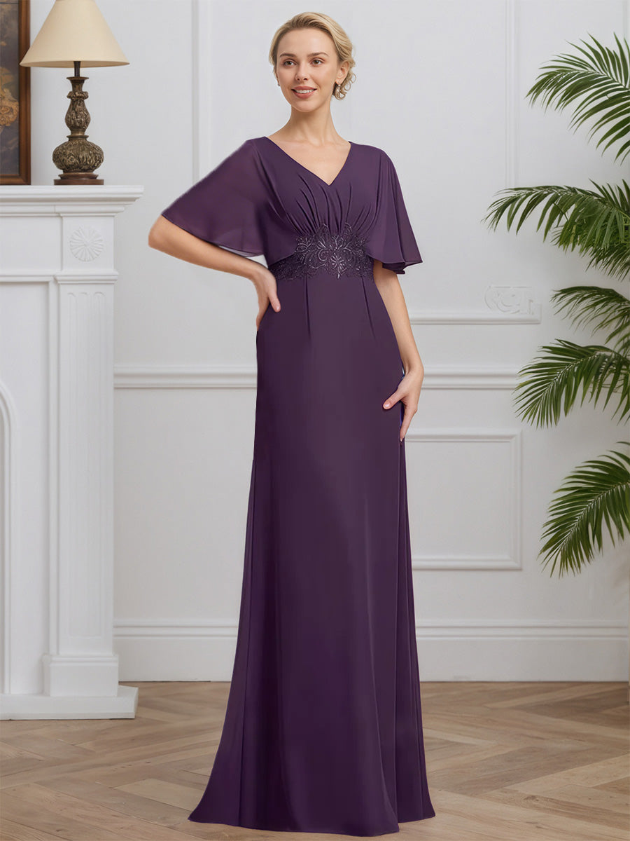 Cicinia Prune Robe pour Mère de la Mariée Longue en Mousseline et Dentelle A-Line Décolleté en V