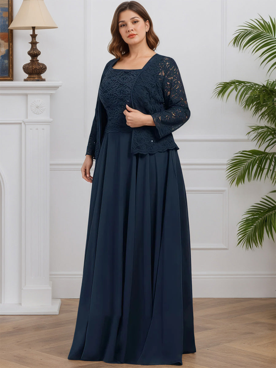 Cicinia Bleu Marine Robe avec Veste pour Mère de la Mariée Longue en Mousseline et Dentelle A-Line Longueur Sol Grande Taille