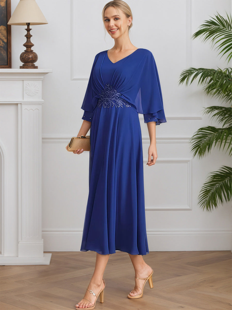 Cicinia Bleu Royal Robe pour Mère de la Mariée Longue en Mousseline et Dentelle A-Line Longueur Midi (Thé)