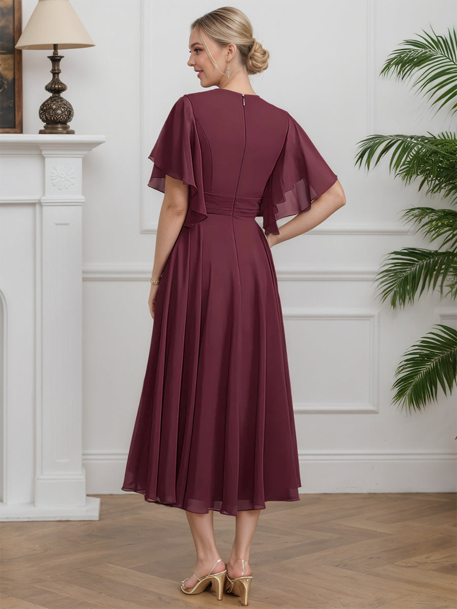 Cicinia Mûre Robe pour Mère de la Mariée Longue en Mousseline A-Line Manches Courtes Longueur Midi (Thé)
