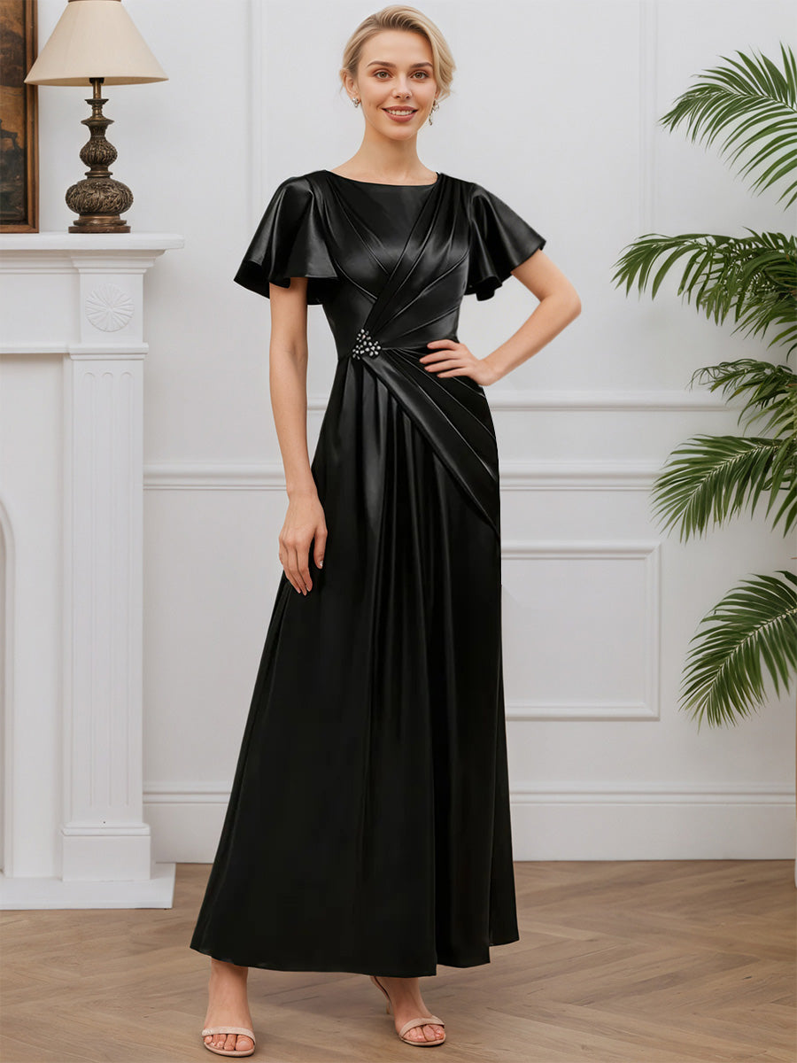 Cicinia Noir Robe pour Mère du Marié Longue en Satin A-Line Manches Courtes Perlé