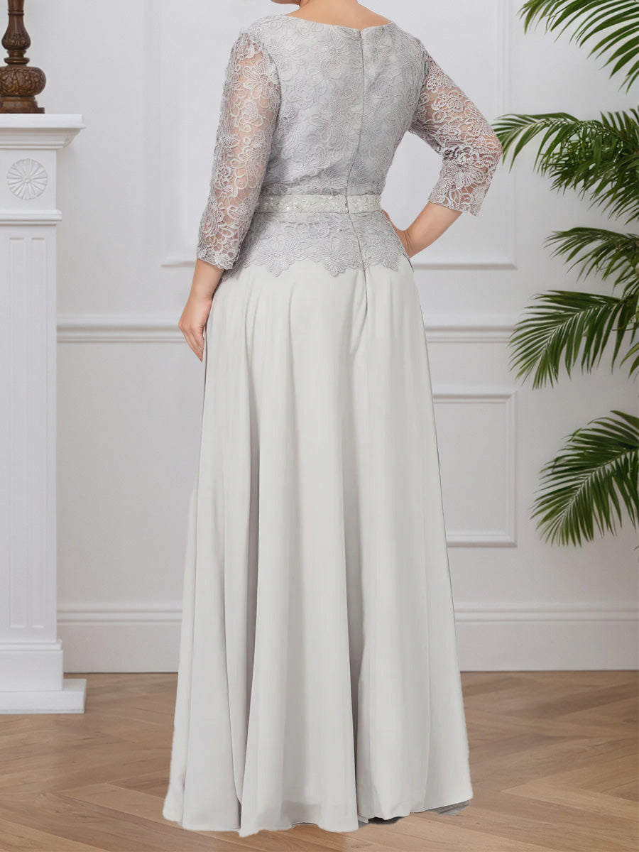 Cicinia Argent Robe pour Mère de la Mariée Longue en Mousseline et Dentelle A-Line Longueur Sol Grande Taille