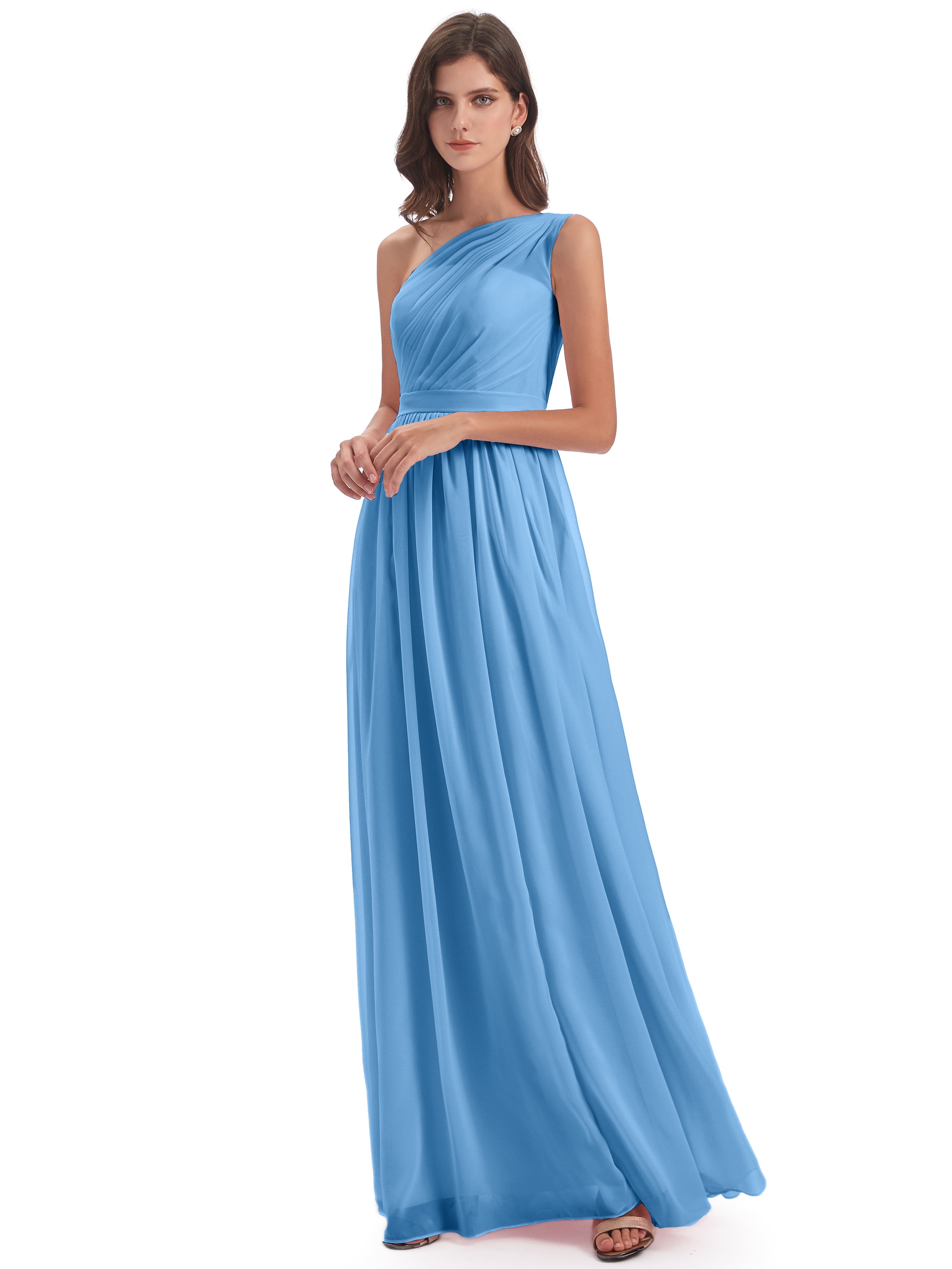 Robes De Demoiselle D'Honneur Bleues Trapèze Seule-Épaule Mousseline Robes Demoiselle D'Honneur