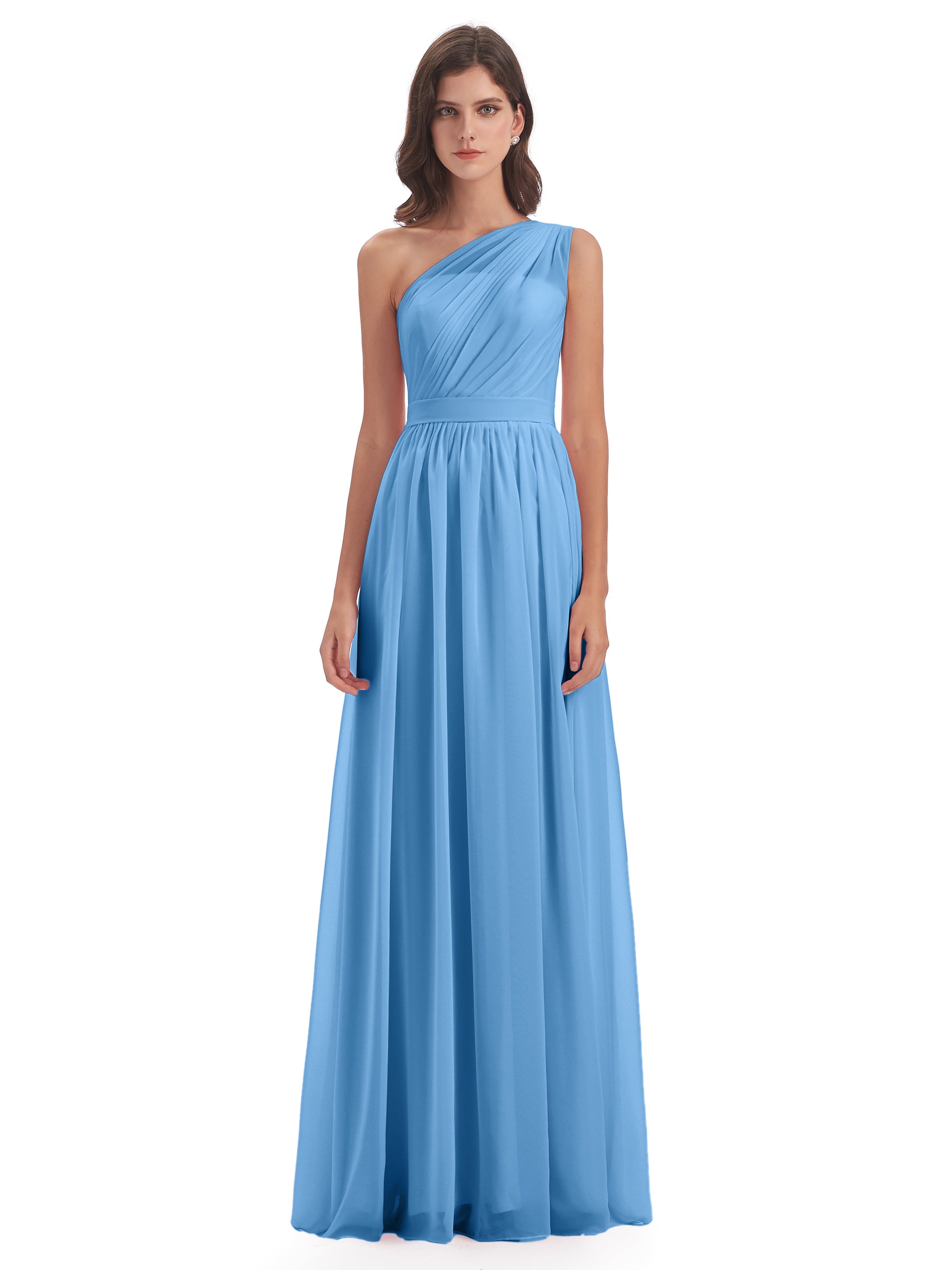 Robes De Demoiselle D'Honneur Bleues Trapèze Seule-Épaule Mousseline Robes Demoiselle D'Honneur