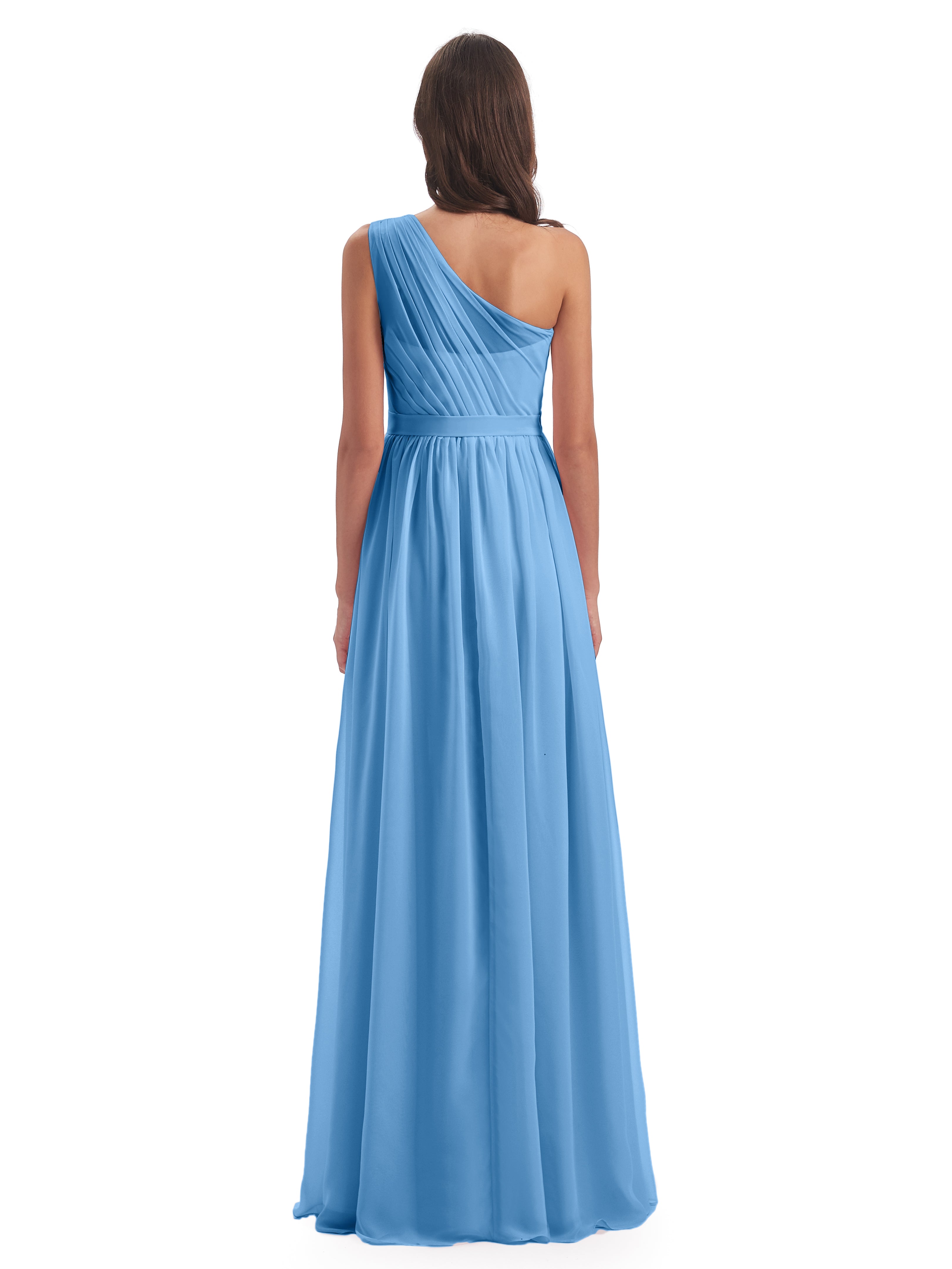 Robes De Demoiselle D'Honneur Bleues Trapèze Seule-Épaule Mousseline Robes Demoiselle D'Honneur