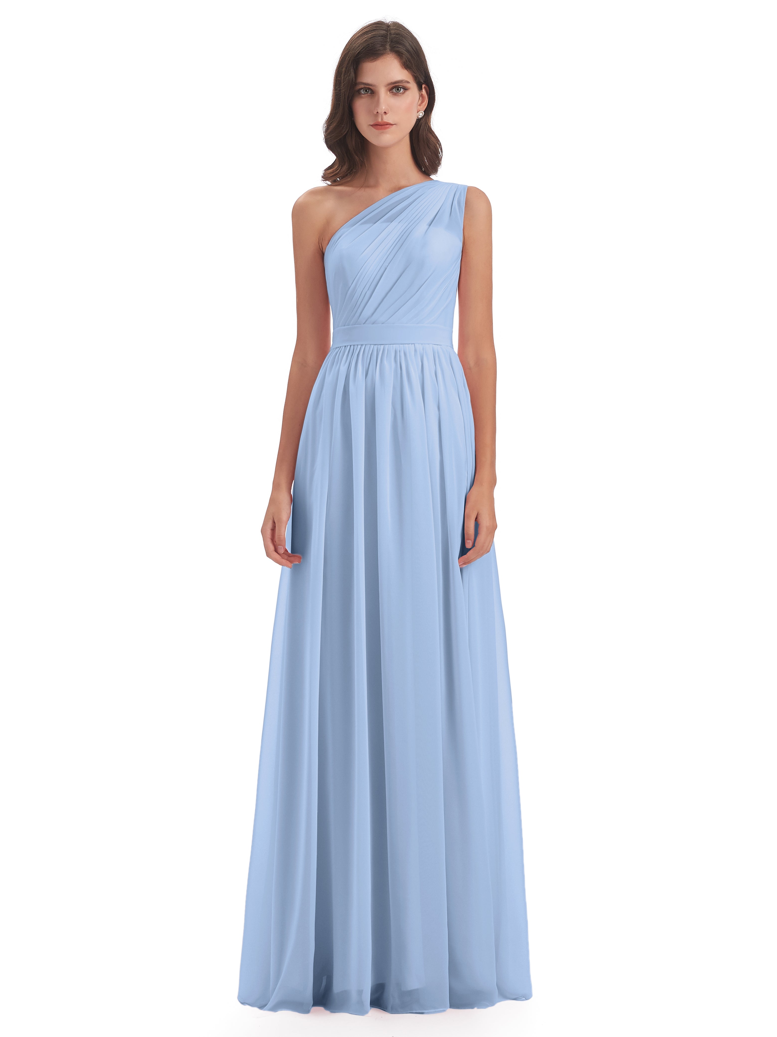 Robe Demoiselle D Honneur Bleu Ciel Trapèze Seule-Épaule Mousseline Robes Demoiselle D'Honneur