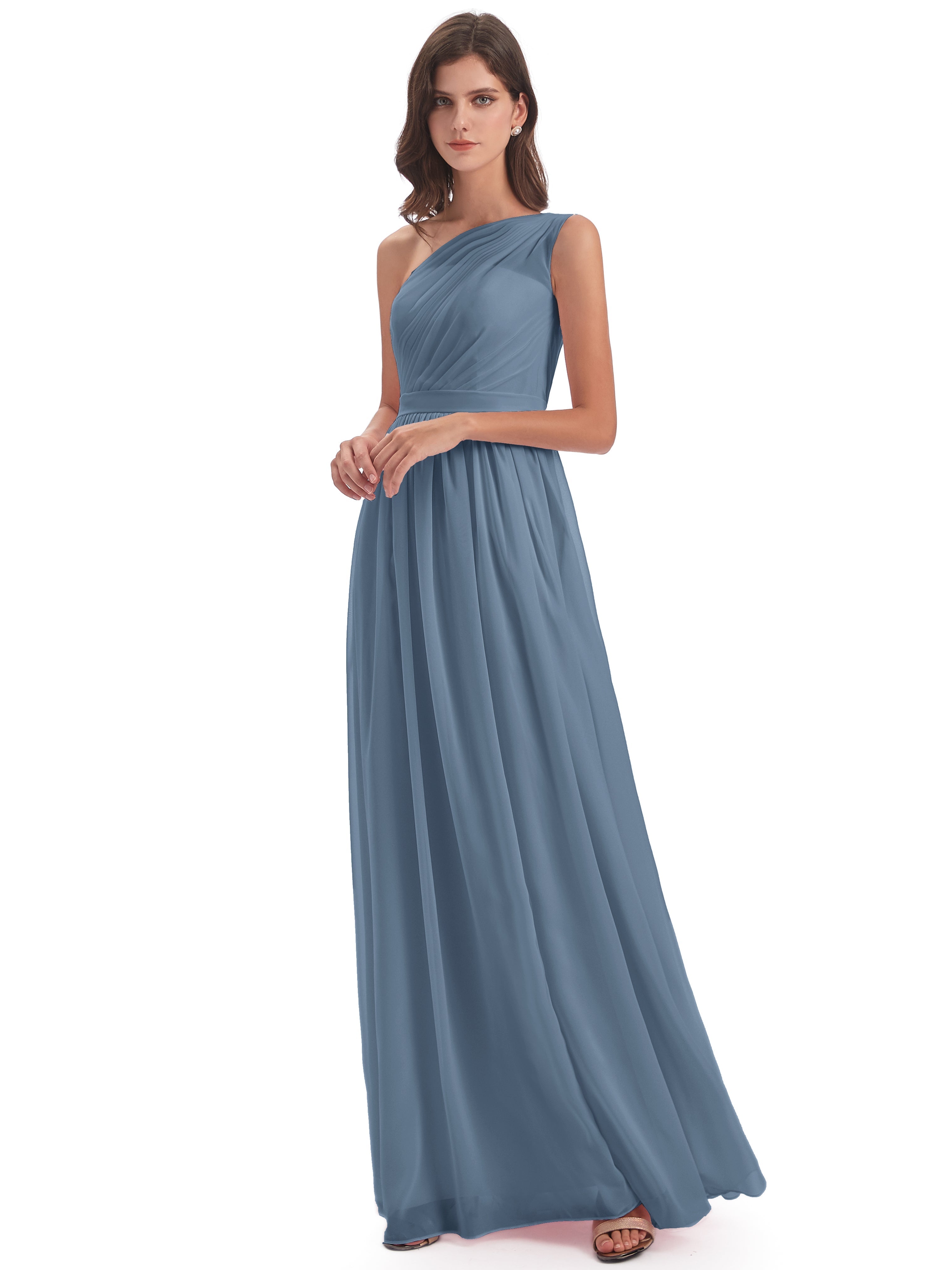 Robes De Demoiselle D'Honneur Bleu De Schiste A-ligne Seule-Épaule Mousseline Robes Demoiselle D'Honneur