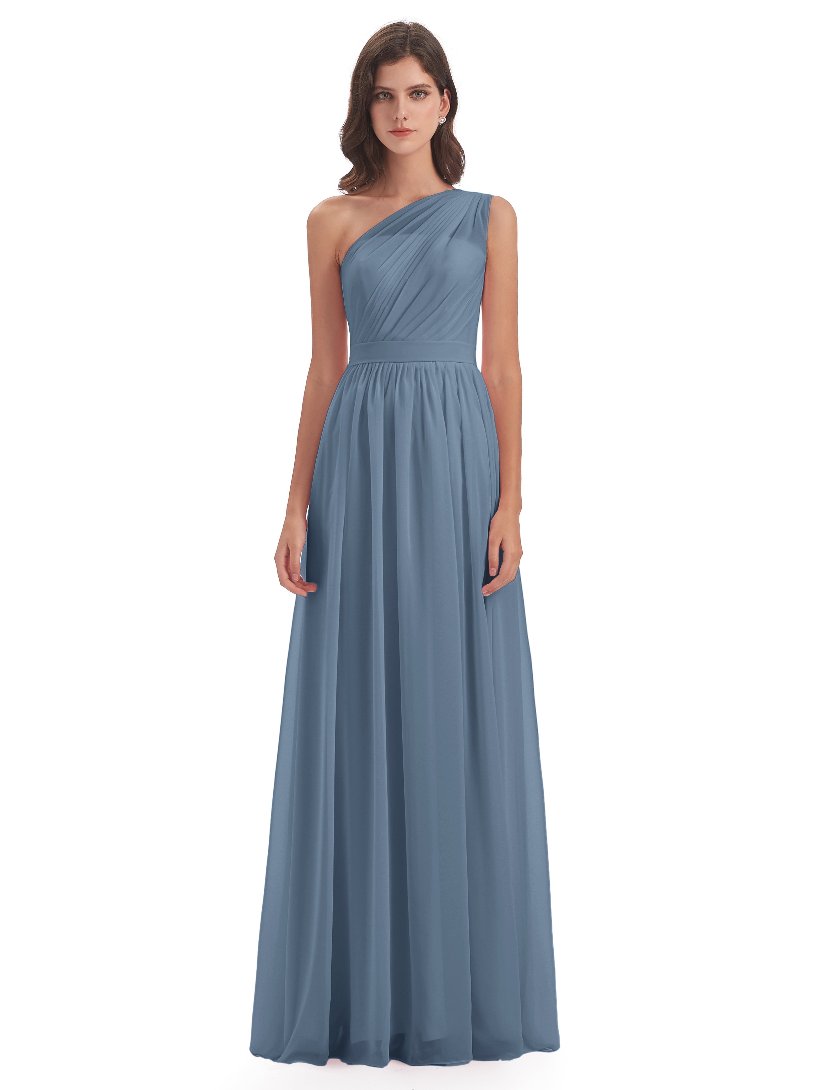 Robes De Demoiselle D'Honneur Bleu De Schiste A-ligne Seule-Épaule Mousseline Robes Demoiselle D'Honneur