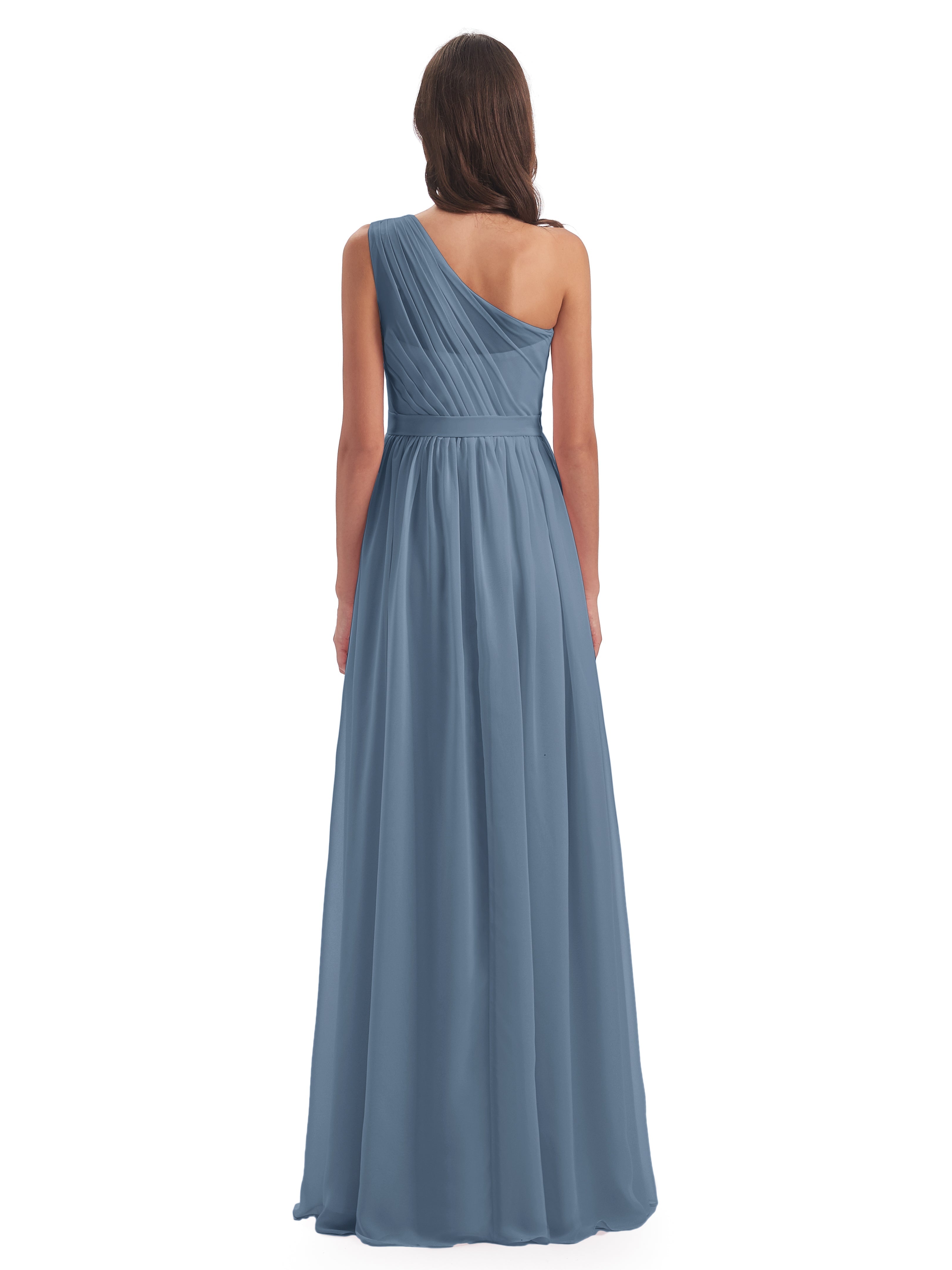 Robes De Demoiselle D'Honneur Bleu De Schiste A-ligne Seule-Épaule Mousseline Robes Demoiselle D'Honneur