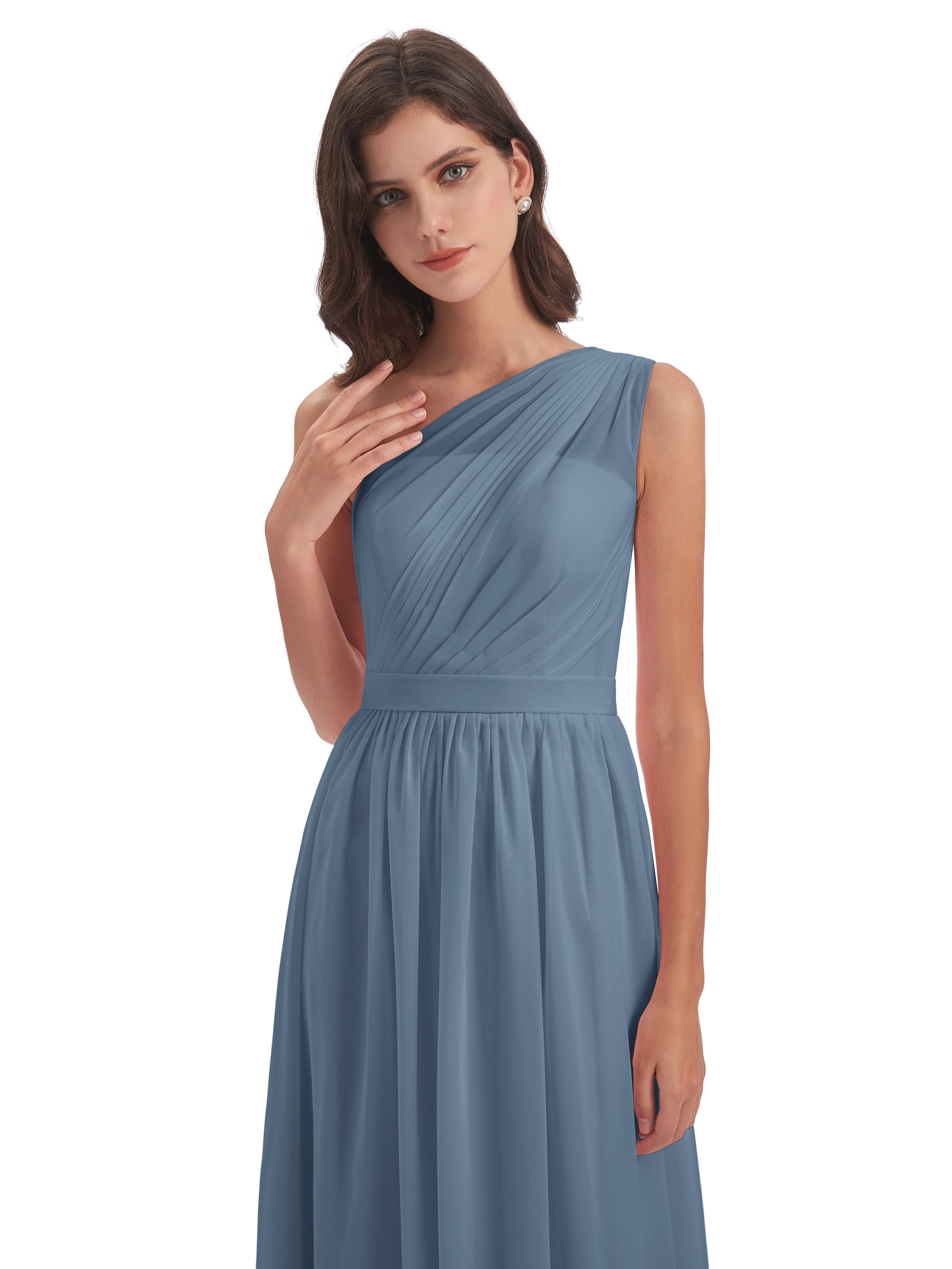 Robes De Demoiselle D'Honneur Bleu De Schiste A-ligne Seule-Épaule Mousseline Robes Demoiselle D'Honneur