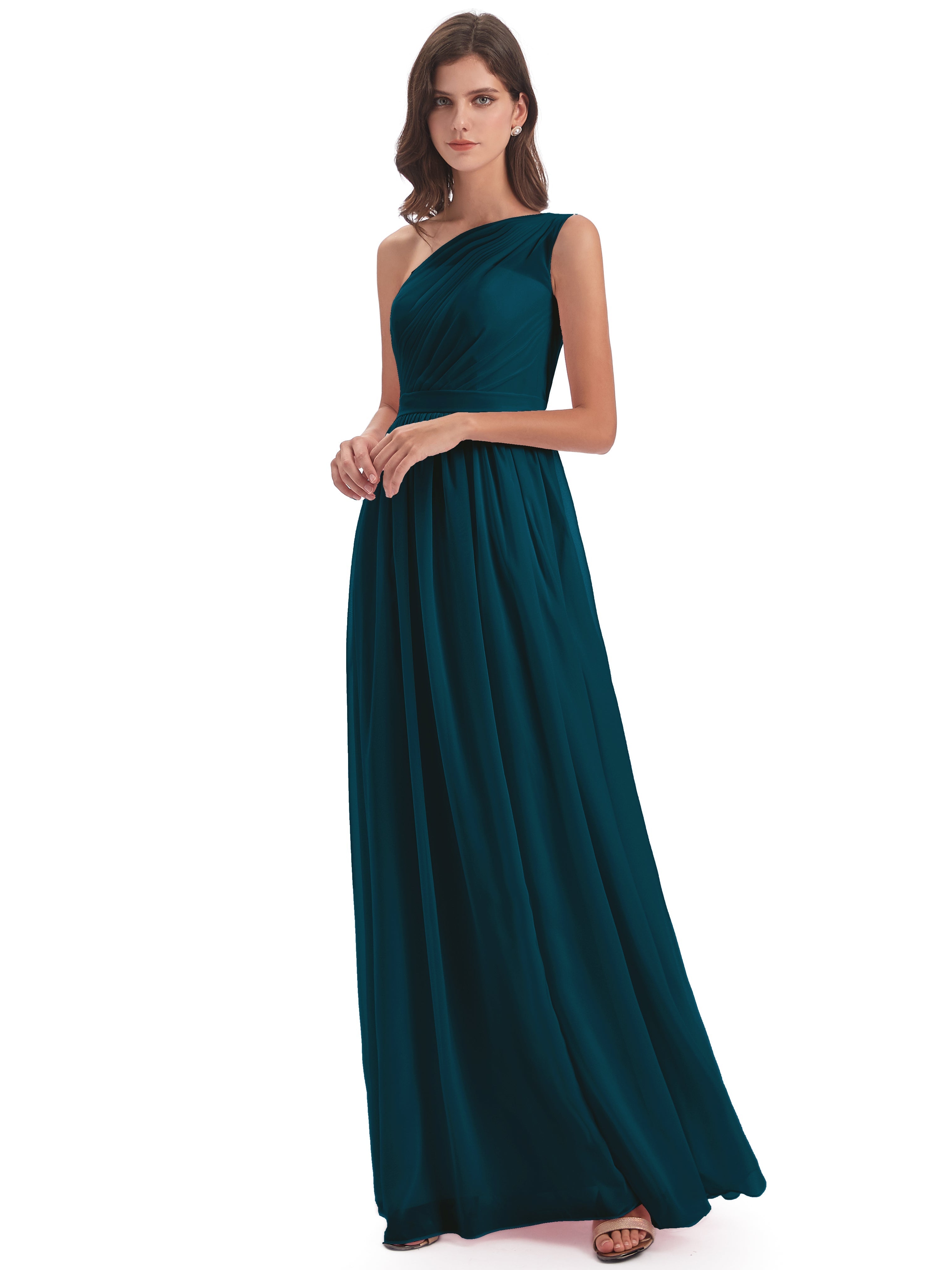 Robes De Demoiselle D'Honneur Bleu Encre Trapèze Seule-Épaule Mousseline Robes Demoiselle D'Honneur