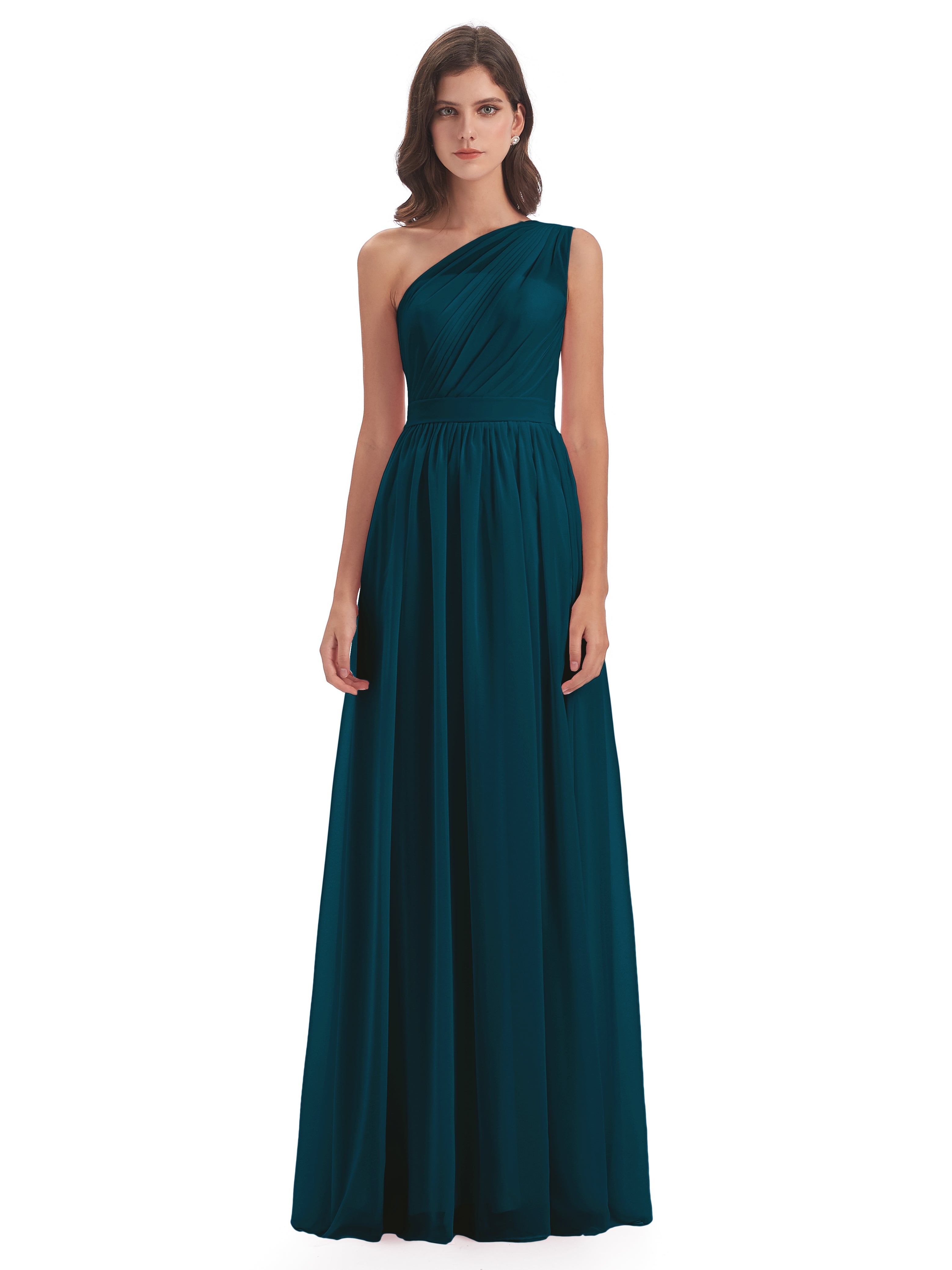 Robes De Demoiselle D'Honneur Bleu Encre Trapèze Seule-Épaule Mousseline Robes Demoiselle D'Honneur