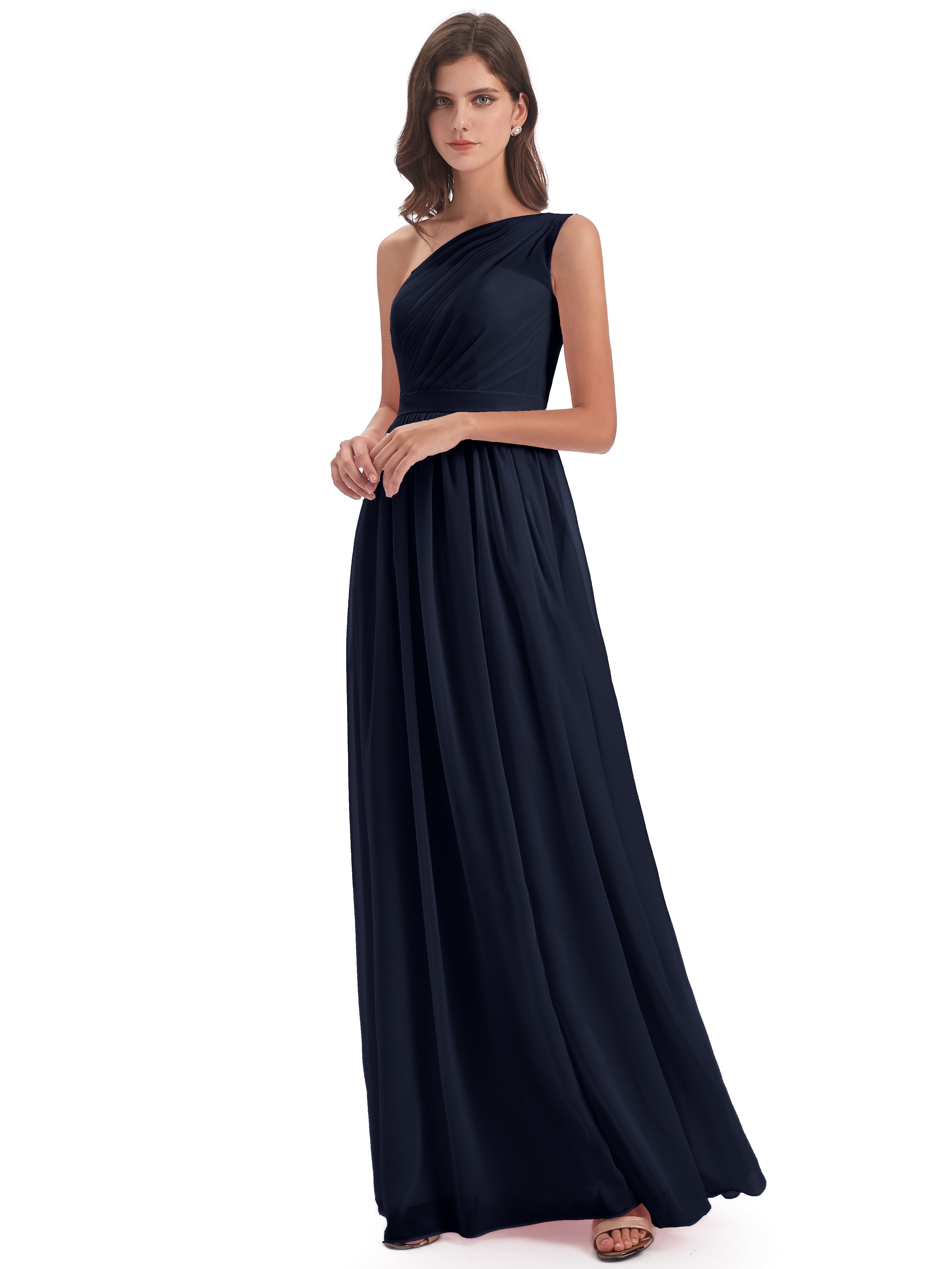 Robes De Demoiselle D'Honneur Bleu Marine A-ligne Seule-Épaule Mousseline Robes Demoiselle D'Honneur