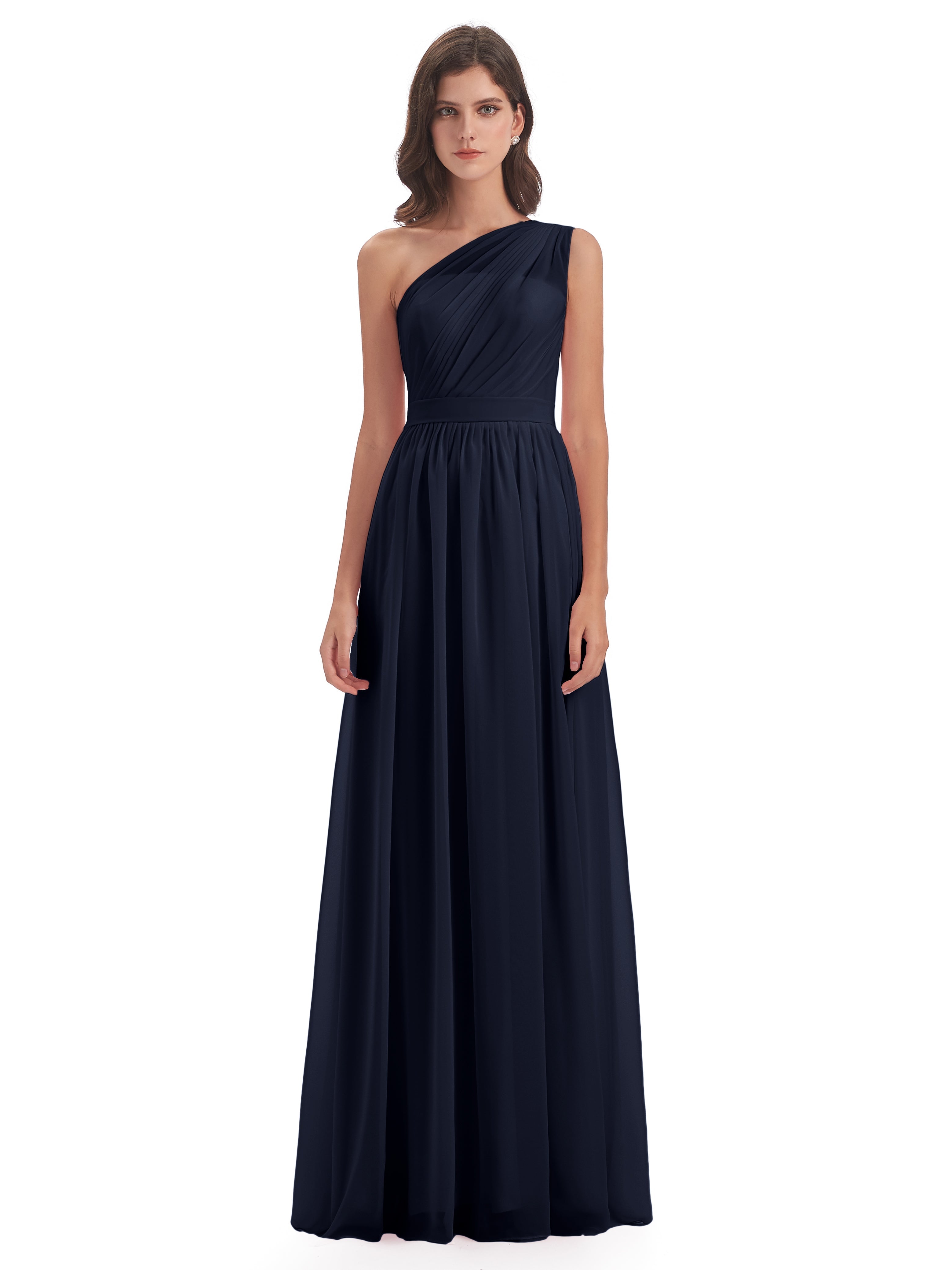 Robes De Demoiselle D'Honneur Bleu Marine A-ligne Seule-Épaule Mousseline Robes Demoiselle D'Honneur