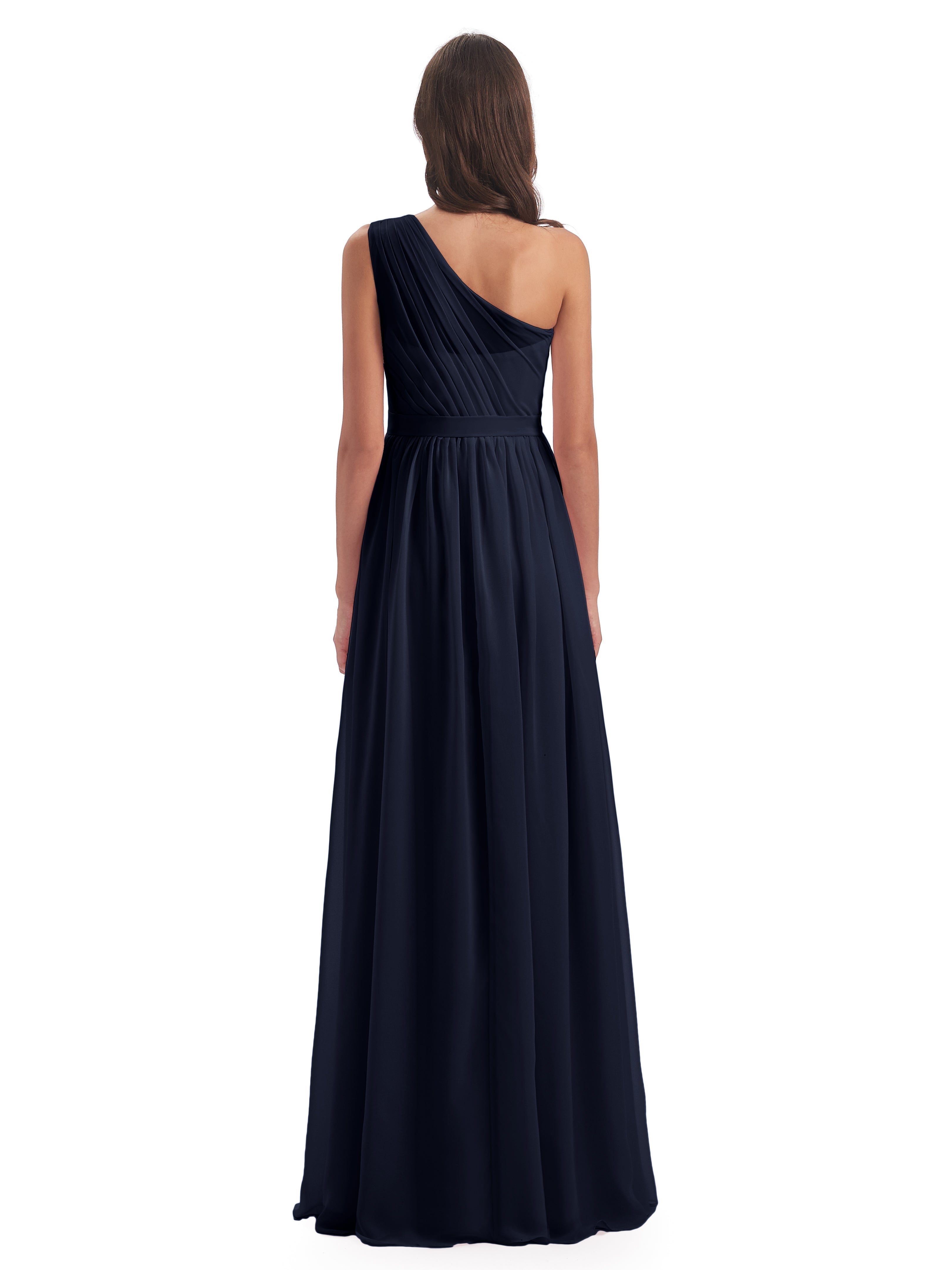 Robes De Demoiselle D'Honneur Bleu Marine A-ligne Seule-Épaule Mousseline Robes Demoiselle D'Honneur