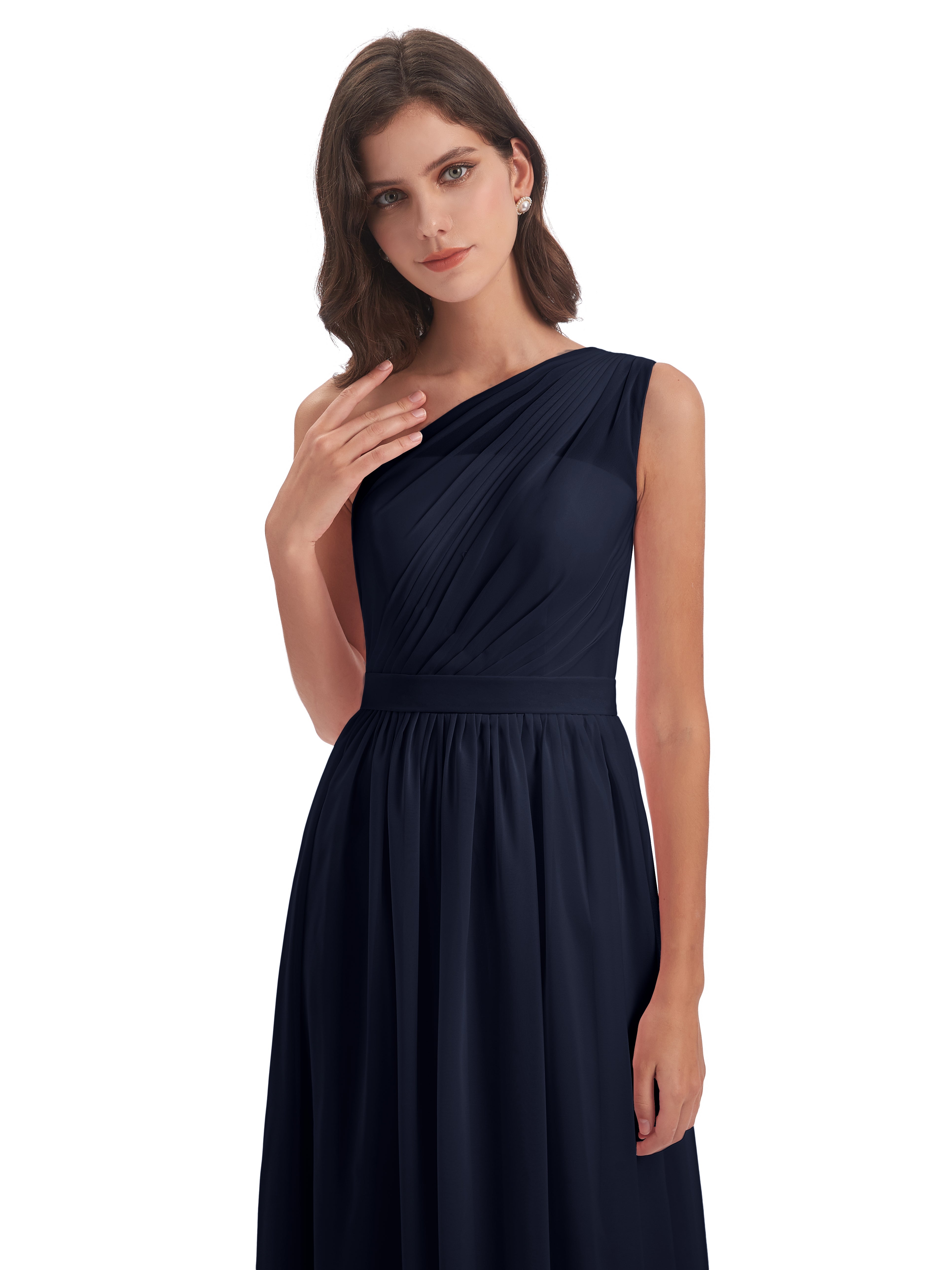 Robes De Demoiselle D'Honneur Bleu Marine A-ligne Seule-Épaule Mousseline Robes Demoiselle D'Honneur