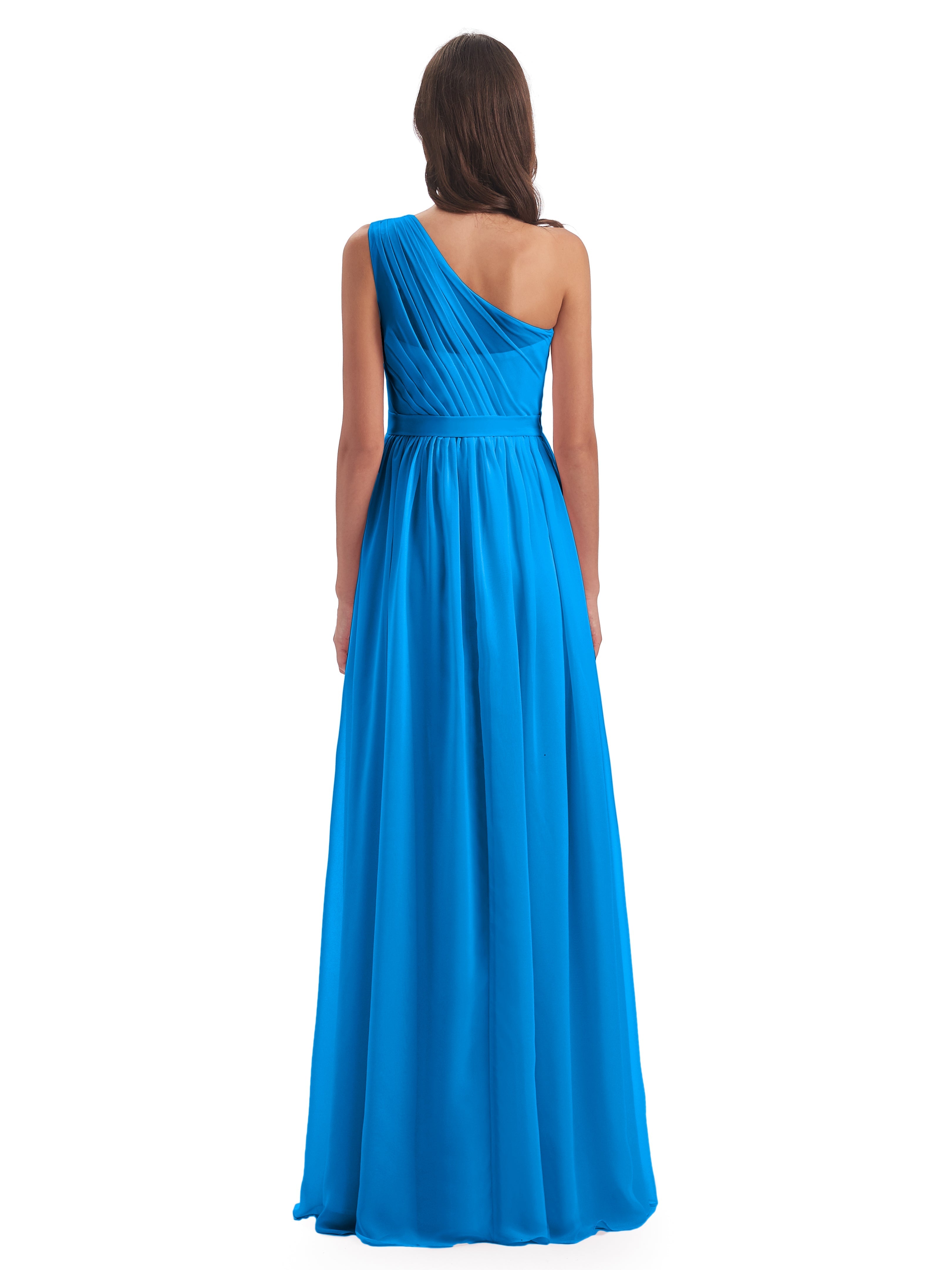 Robes De Demoiselle D'Honneur Bleu Océan A-ligne Seule-Épaule Mousseline Robes Demoiselle D'Honneur