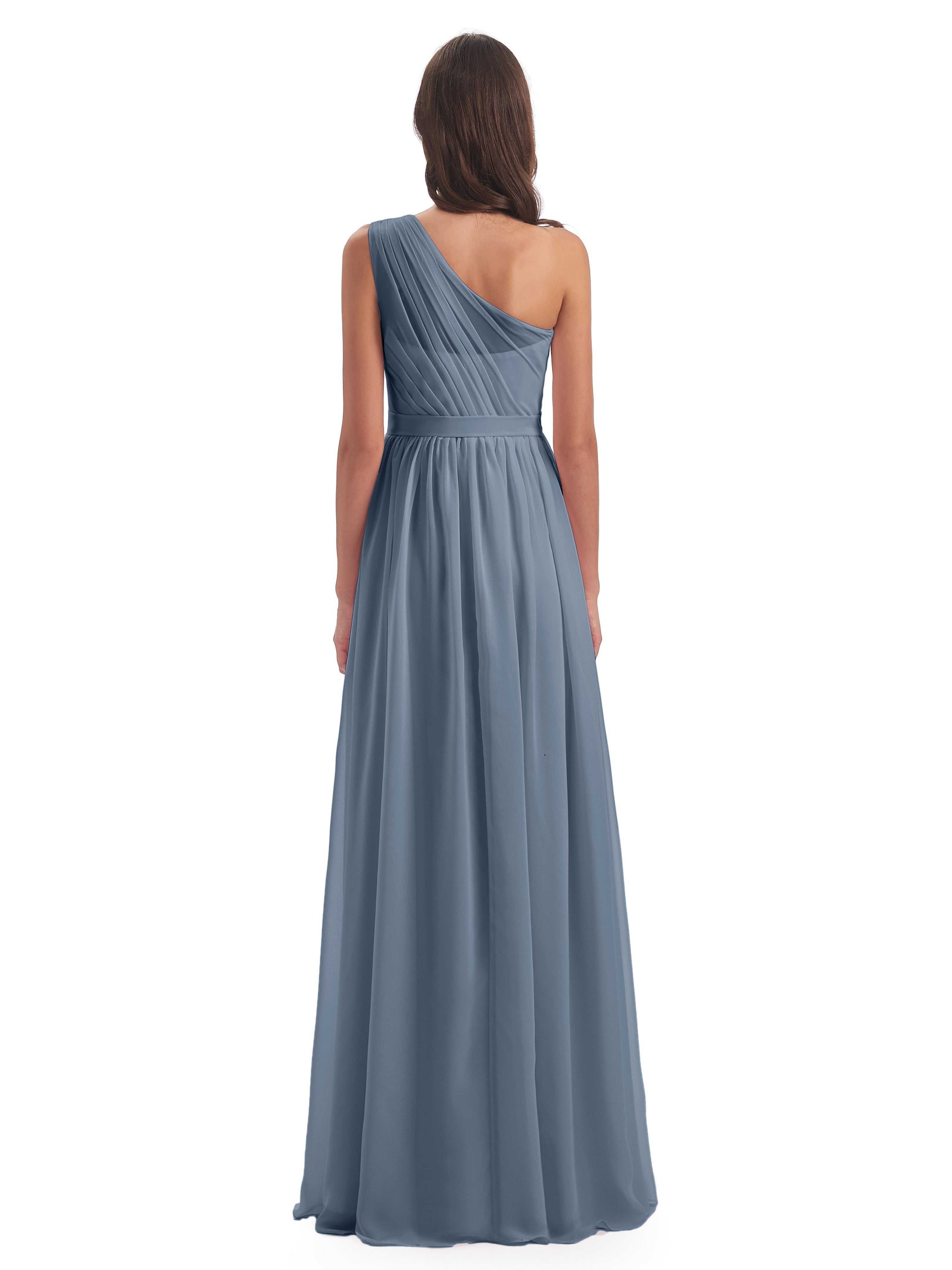 Robes De Demoiselle D'Honneur Bleu Gris Trapèze Seule-Épaule Mousseline Robes Demoiselle D'Honneur