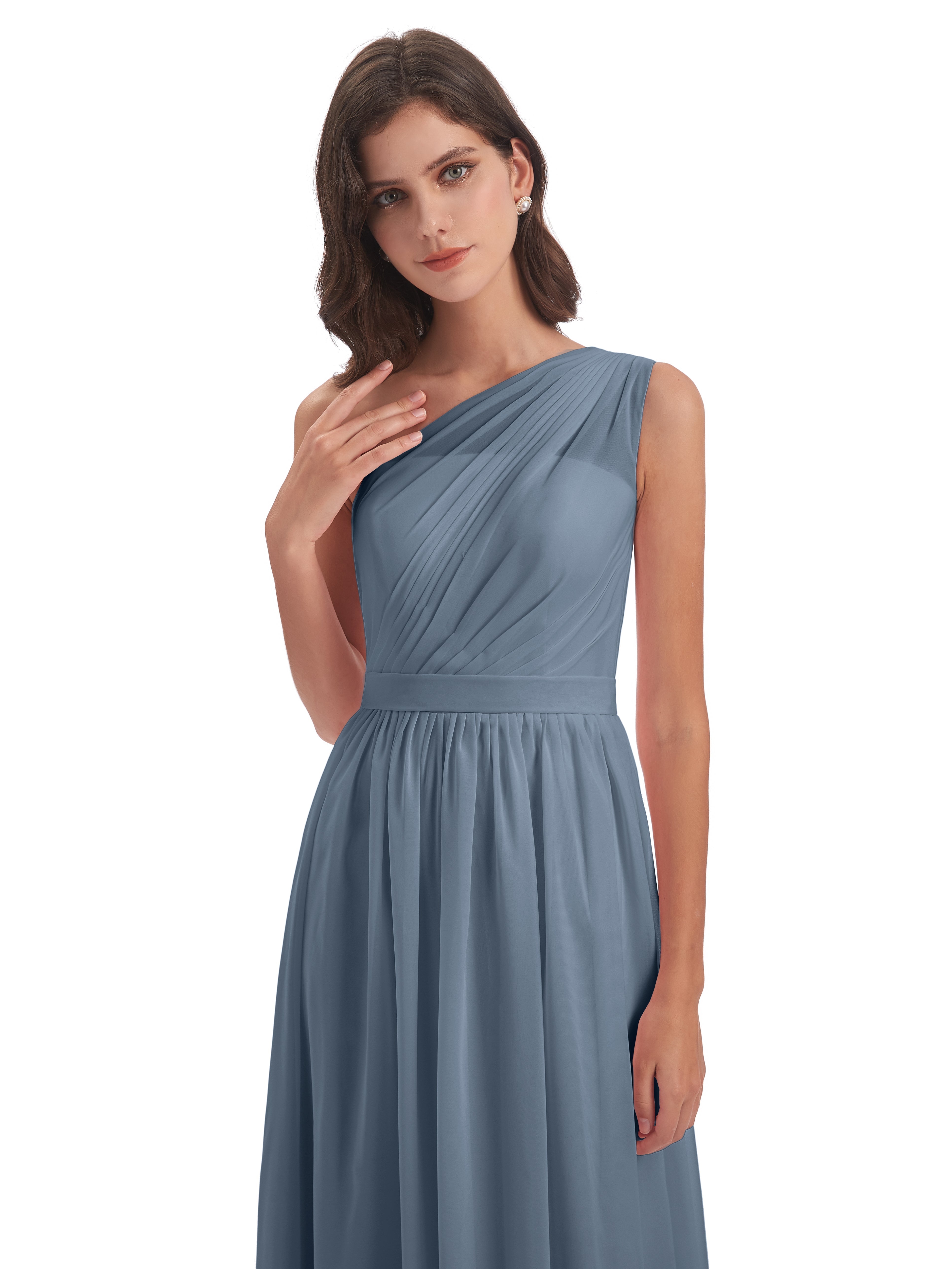 Robes De Demoiselle D'Honneur Bleu Gris Trapèze Seule-Épaule Mousseline Robes Demoiselle D'Honneur