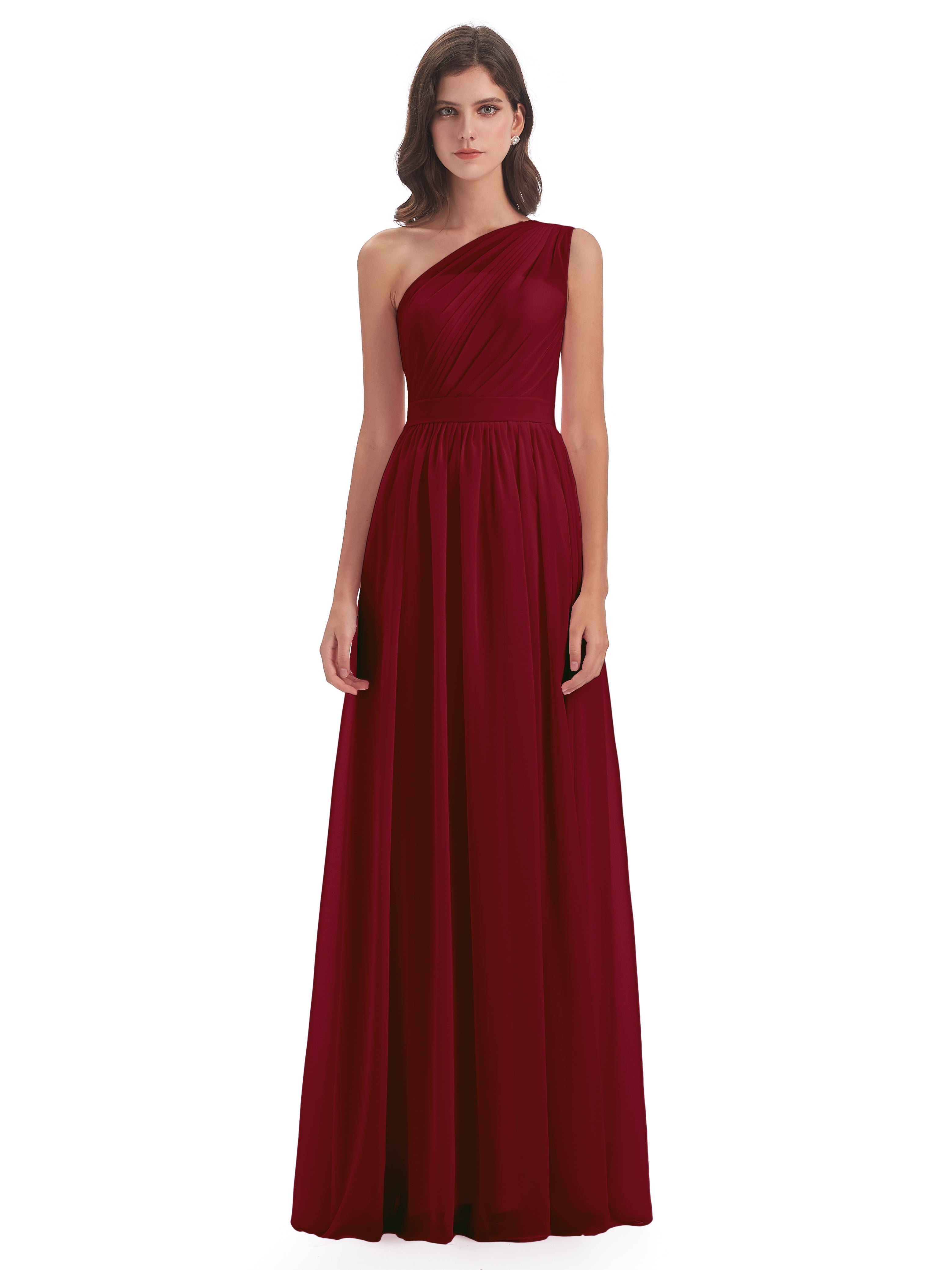 Modestes Robes De Demoiselle D'Honneur Bordeaux Trapèze Seule-Épaule Mousseline Robes Demoiselle D'Honneur