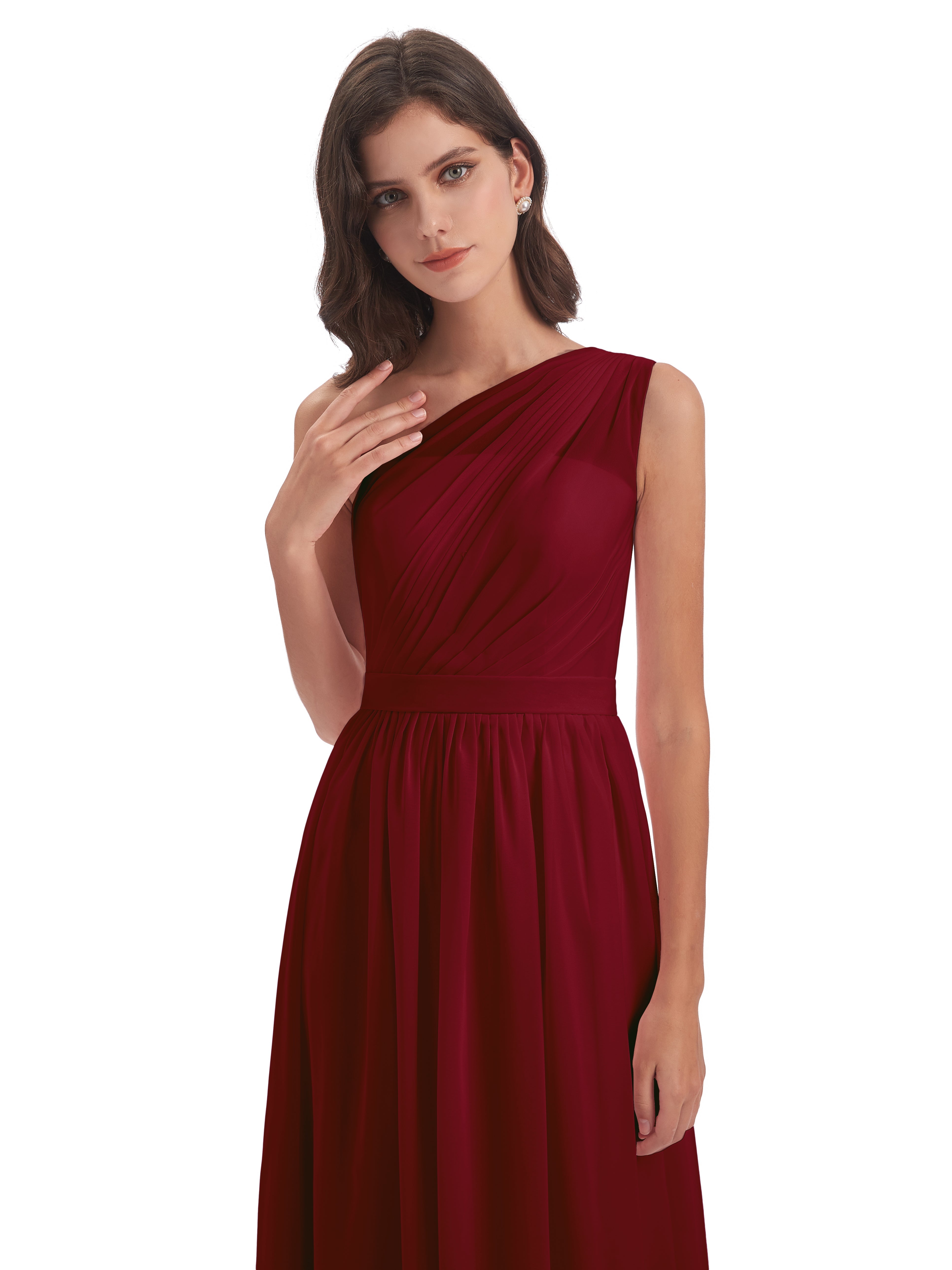 Modestes Robes De Demoiselle D'Honneur Bordeaux Trapèze Seule-Épaule Mousseline Robes Demoiselle D'Honneur