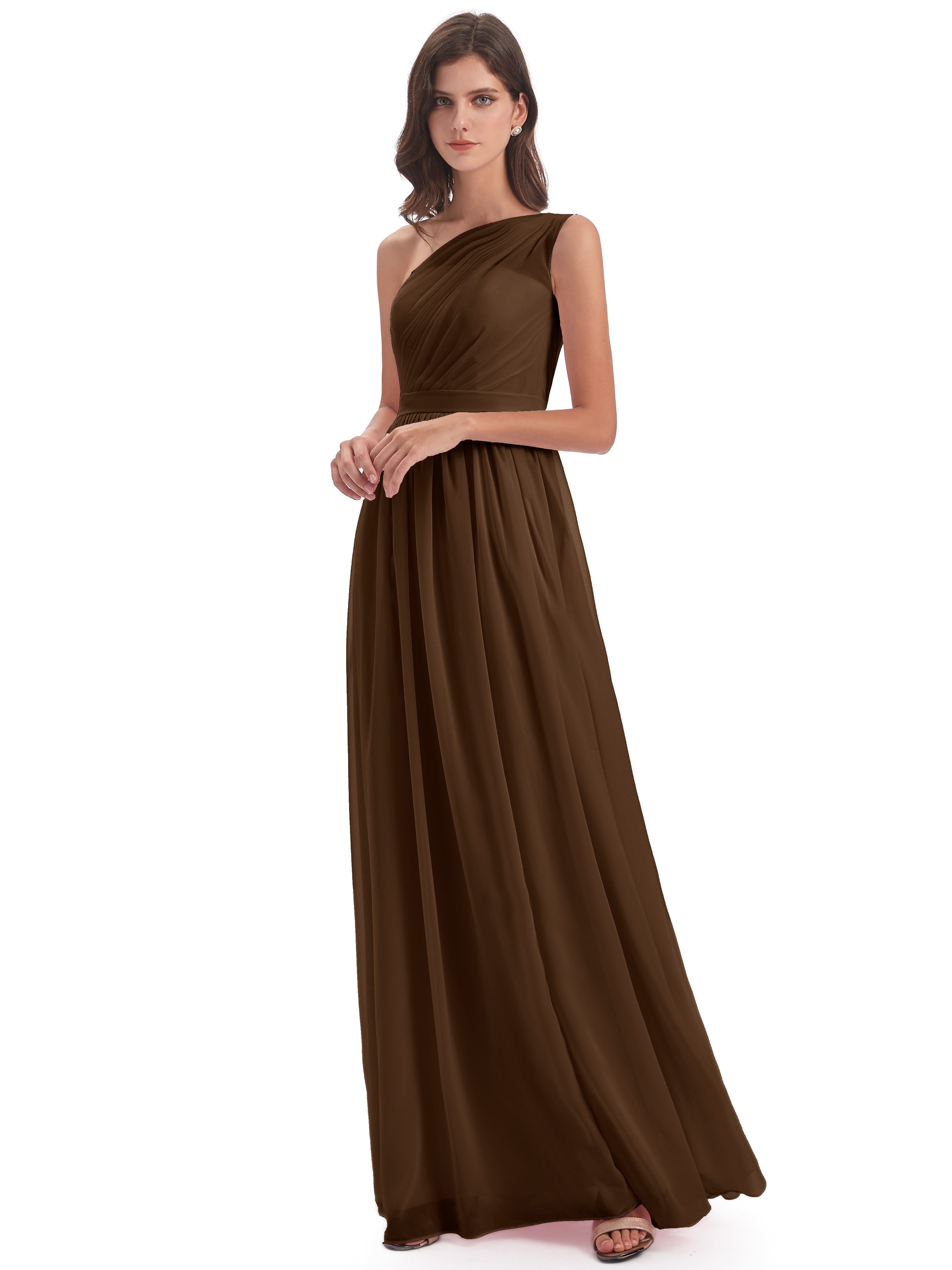 Robe Demoiselle D Honneur Brun Trapèze Seule-Épaule Mousseline Robes Demoiselle D'Honneur