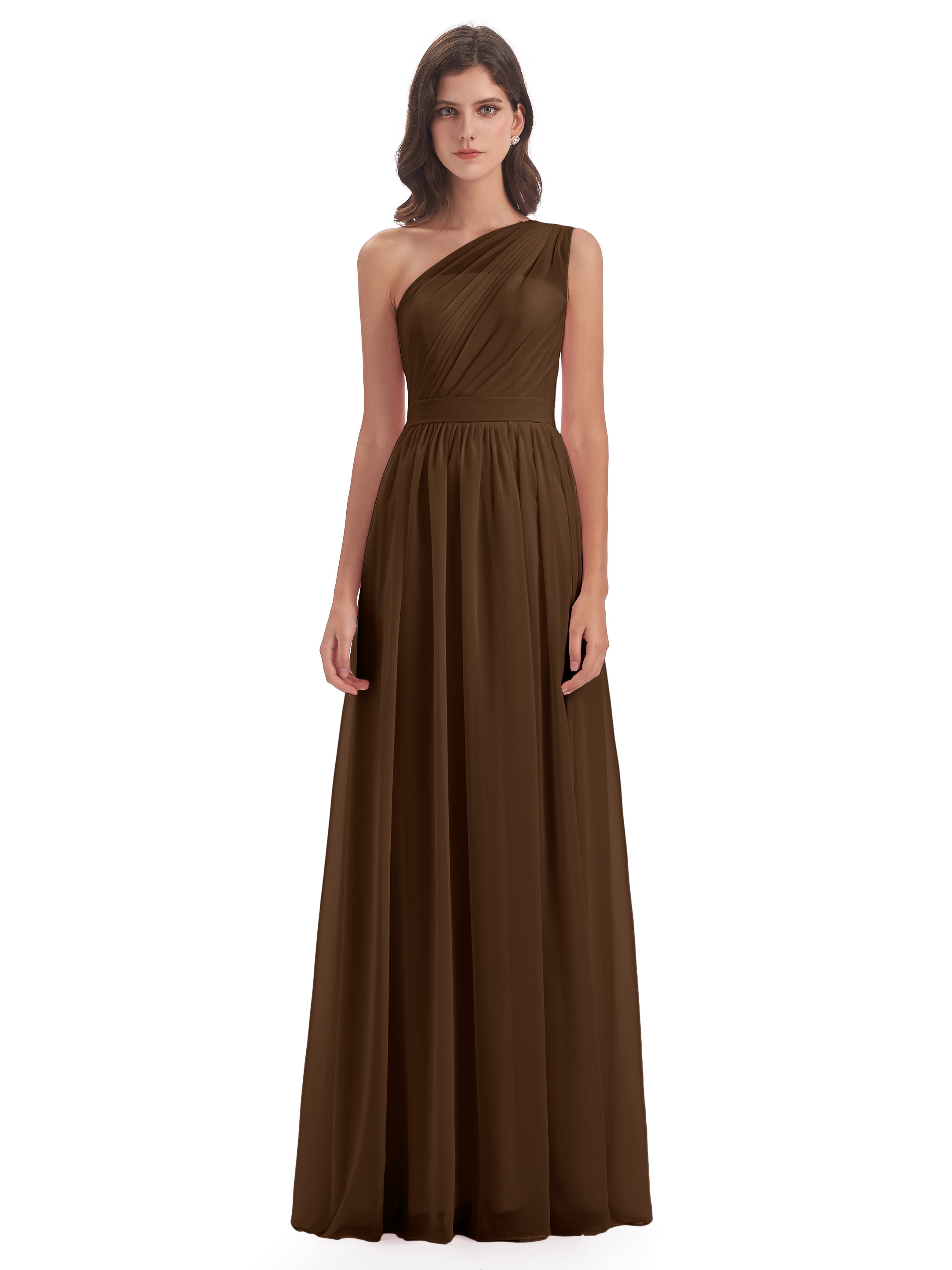Robe Demoiselle D Honneur Brun Trapèze Seule-Épaule Mousseline Robes Demoiselle D'Honneur