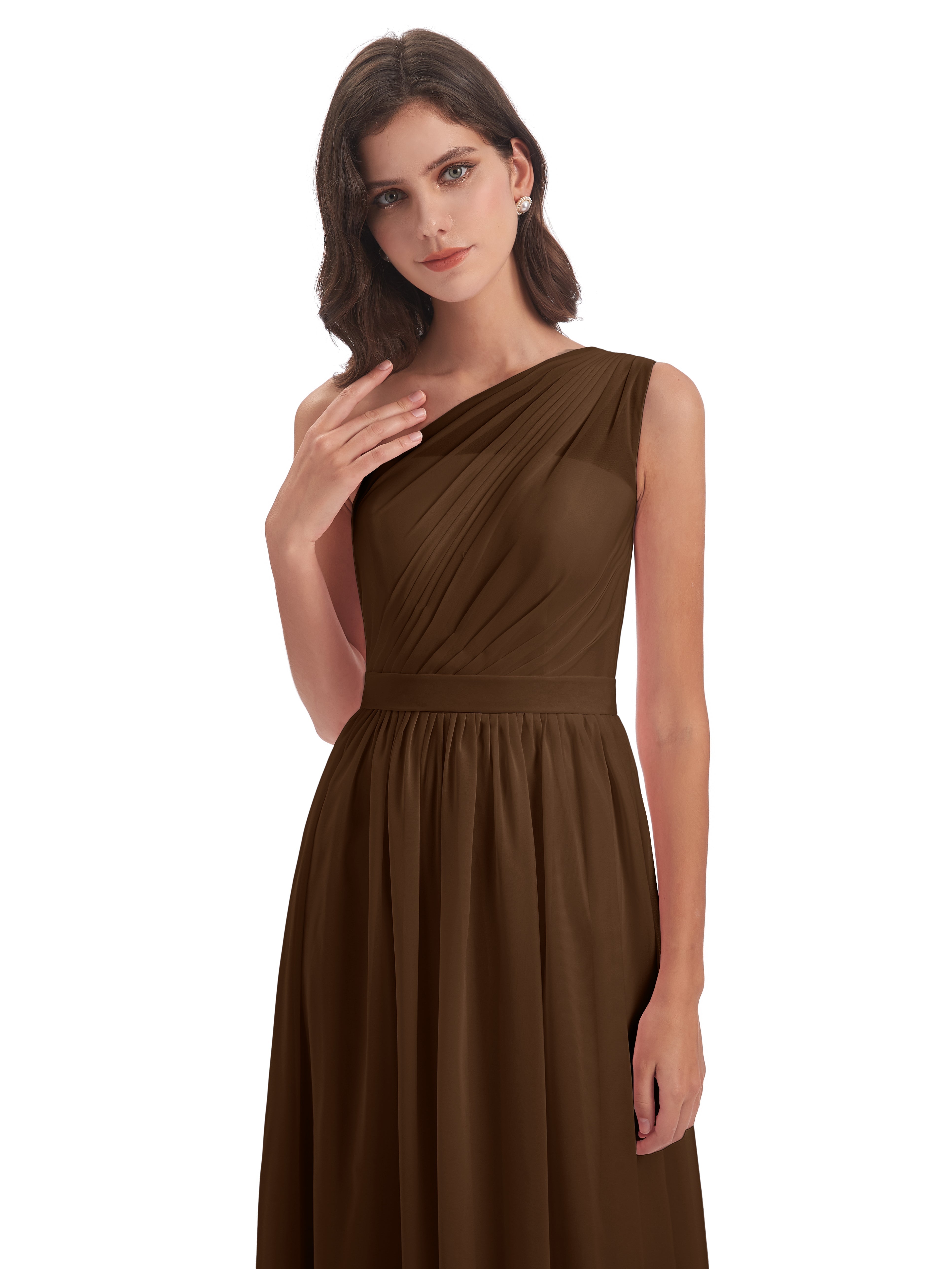 Robe Demoiselle D Honneur Brun Trapèze Seule-Épaule Mousseline Robes Demoiselle D'Honneur