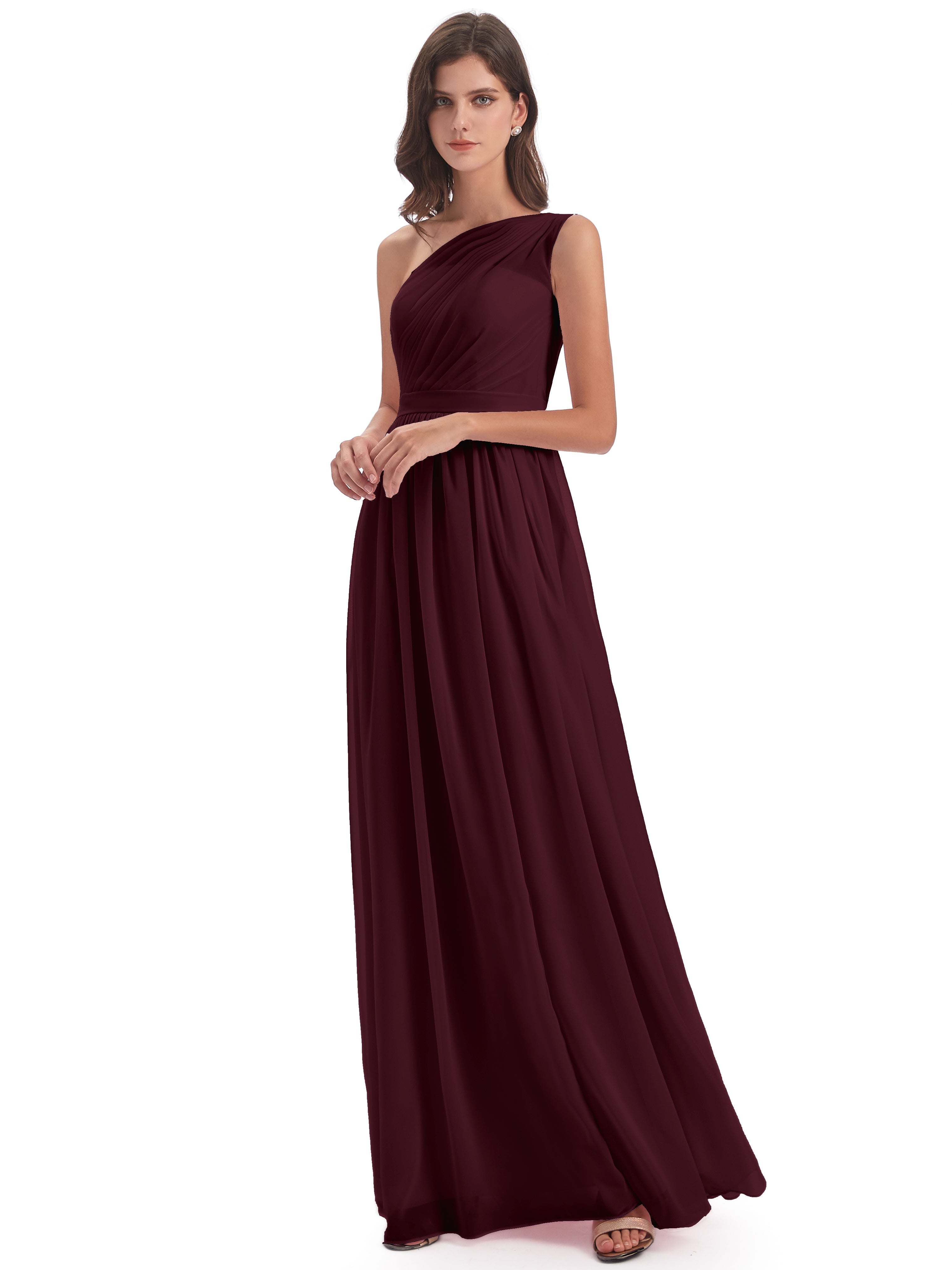 Robes De Demoiselle D'Honneur Cabernet A-ligne Seule-Épaule Mousseline Robes Demoiselle D'Honneur