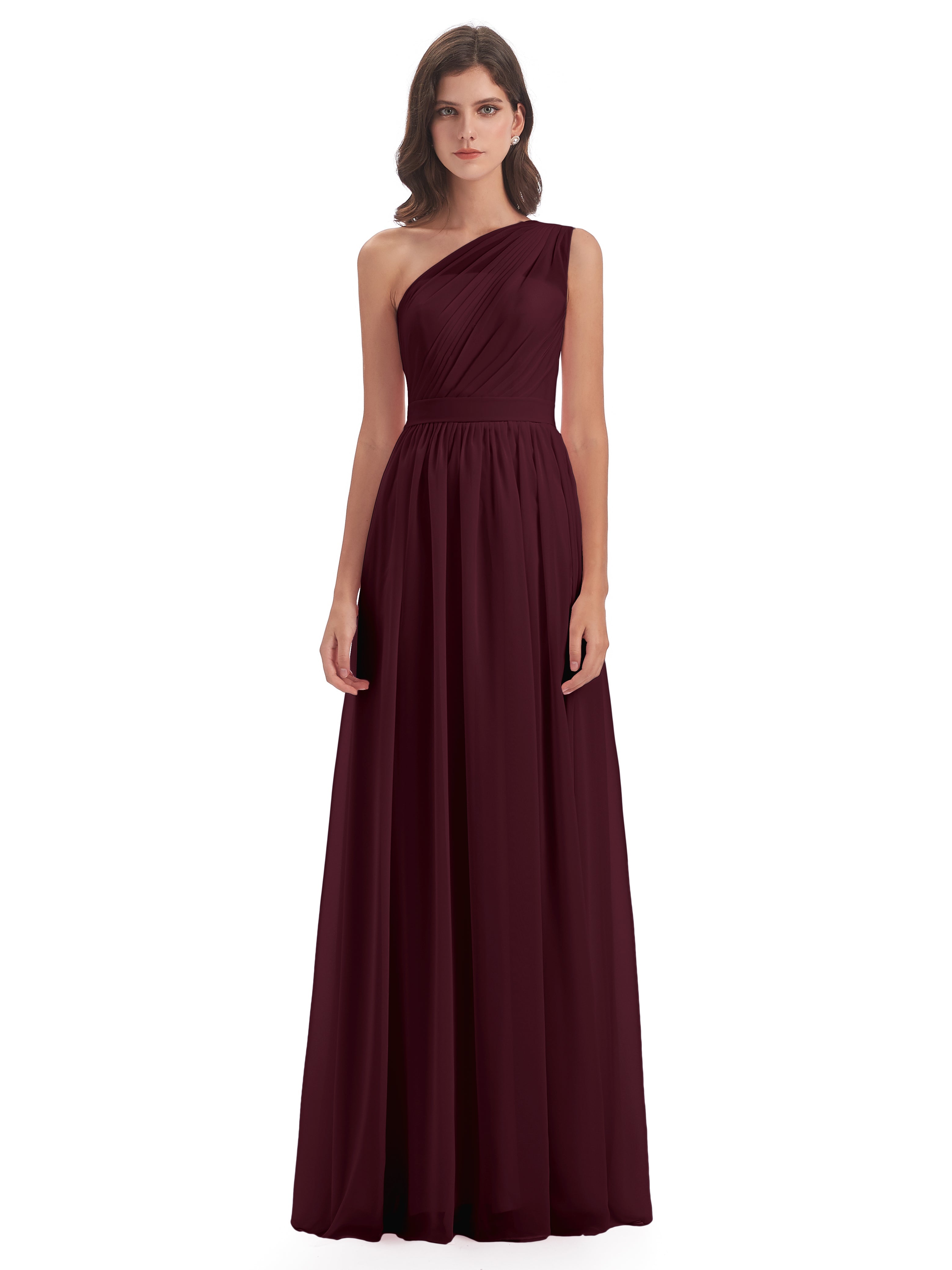 Robes De Demoiselle D'Honneur Cabernet A-ligne Seule-Épaule Mousseline Robes Demoiselle D'Honneur