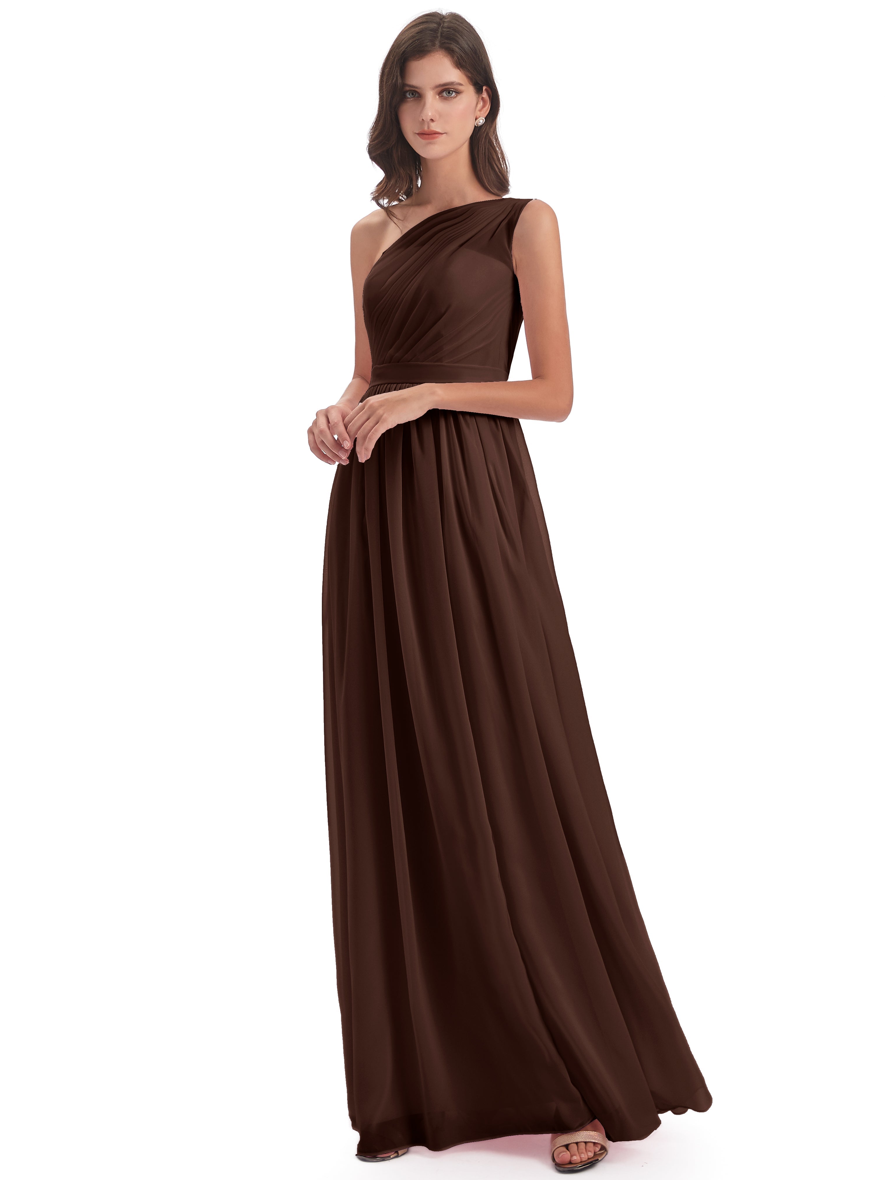 Robe Demoiselle D Honneur Chocolat Trapèze Seule-Épaule Mousseline Robes Demoiselle D'Honneur