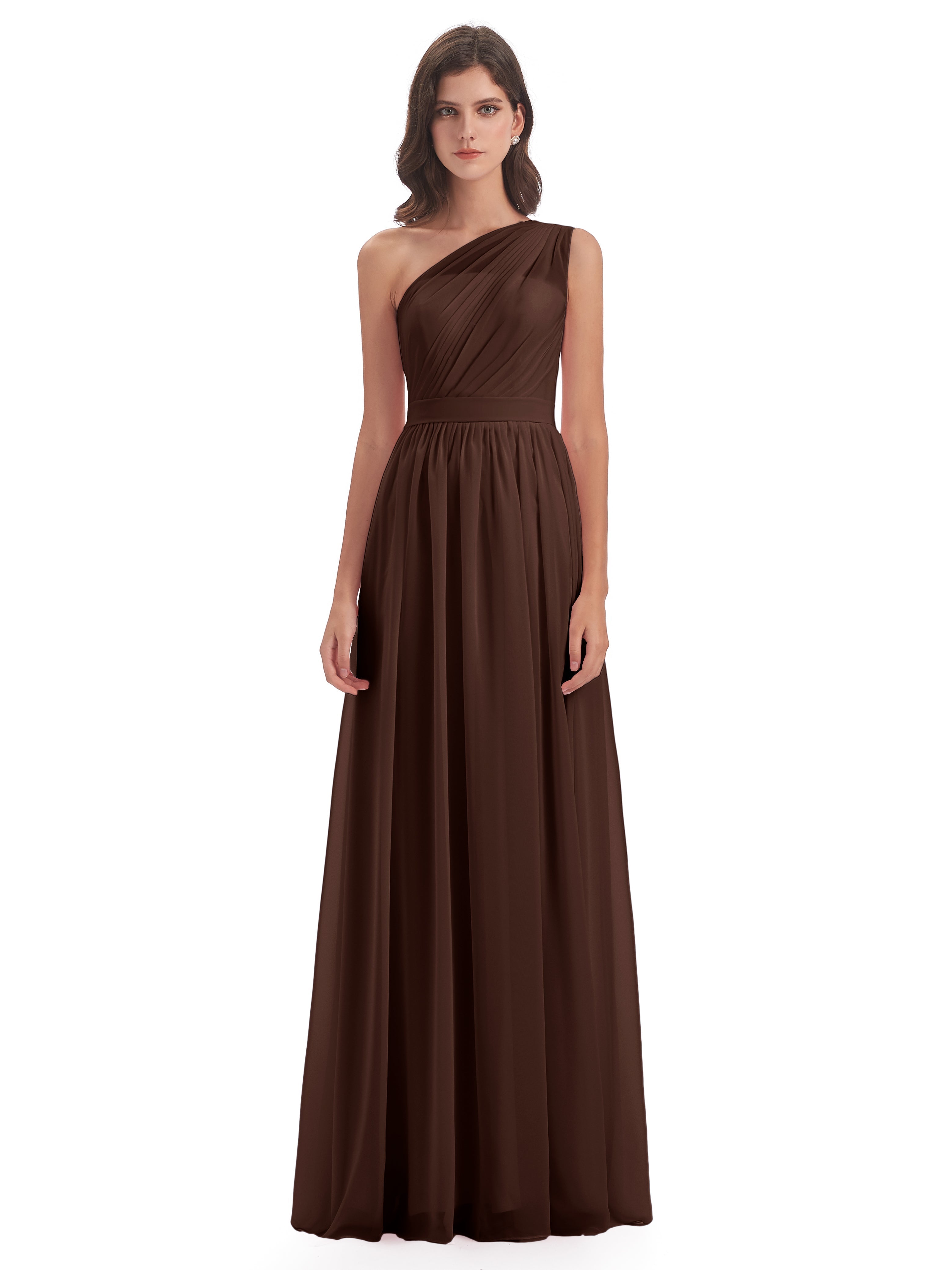 Robe Demoiselle D Honneur Chocolat Trapèze Seule-Épaule Mousseline Robes Demoiselle D'Honneur
