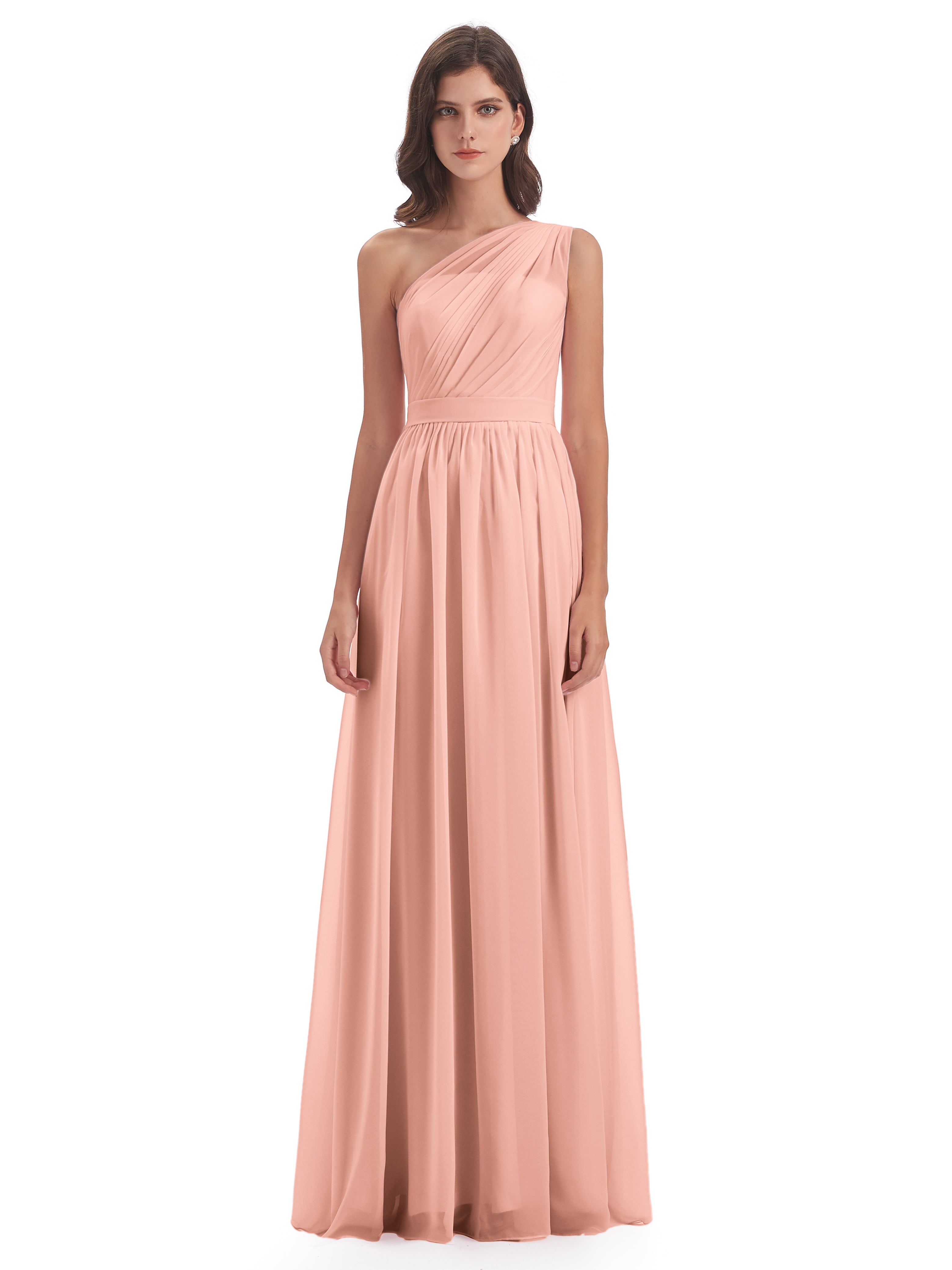 Robe Demoiselle D Honneur Corail Trapèze Seule-Épaule Mousseline Robes Demoiselle D'Honneur