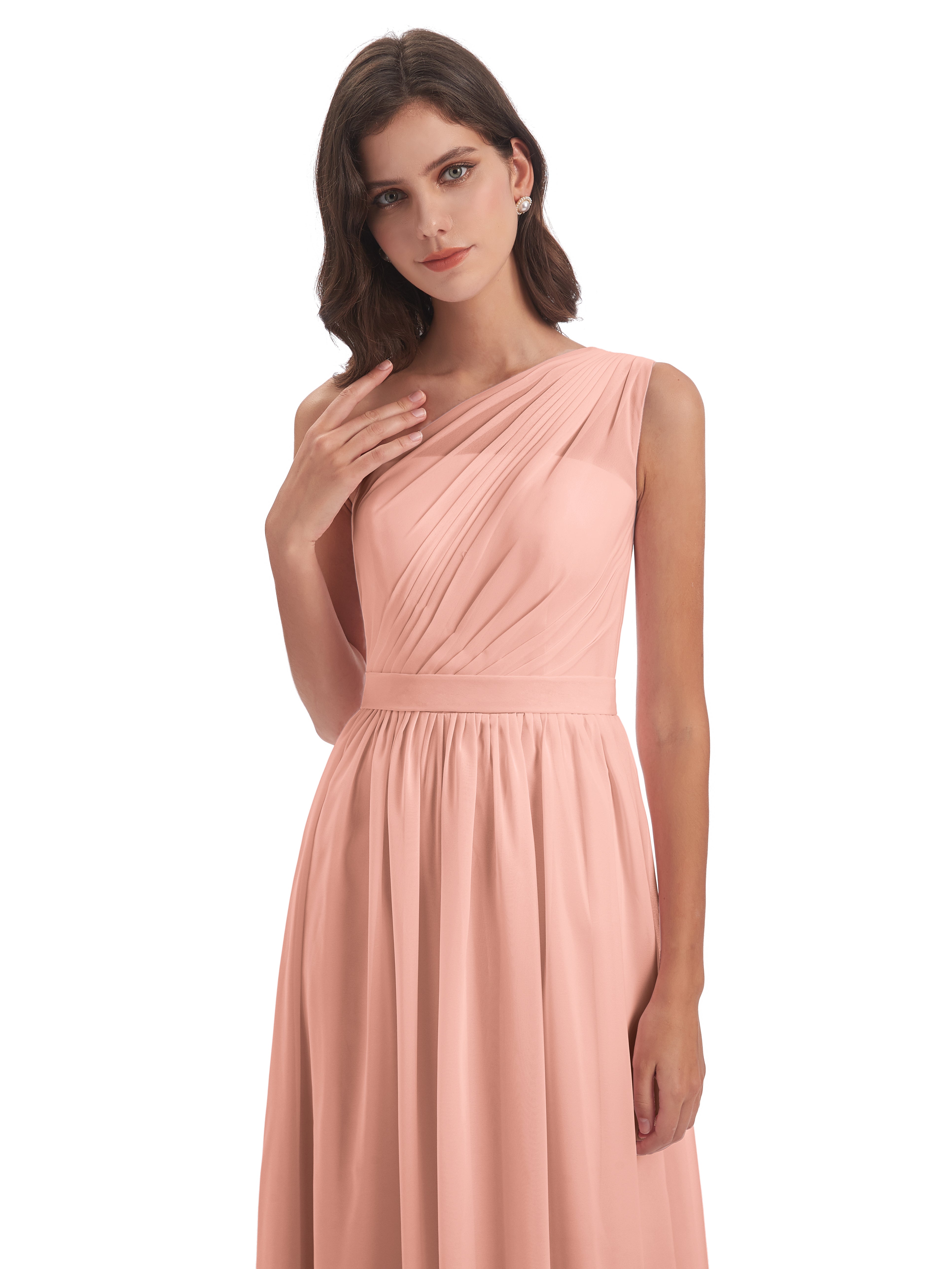 Robe Demoiselle D Honneur Corail Trapèze Seule-Épaule Mousseline Robes Demoiselle D'Honneur