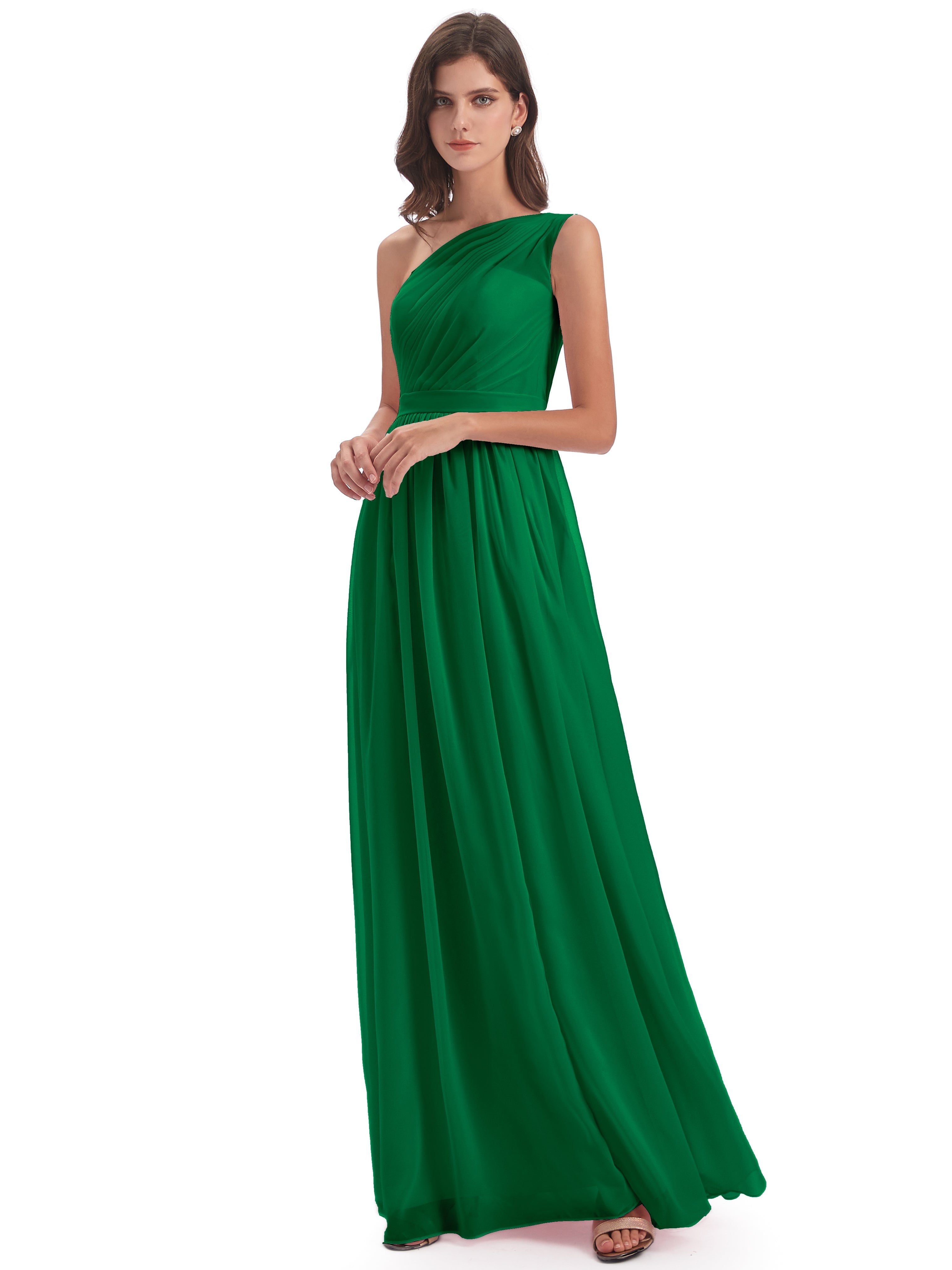Robe Demoiselle D Honneur Vert Emeraude Trapèze Seule-Épaule Mousseline Robes Demoiselle D'Honneur