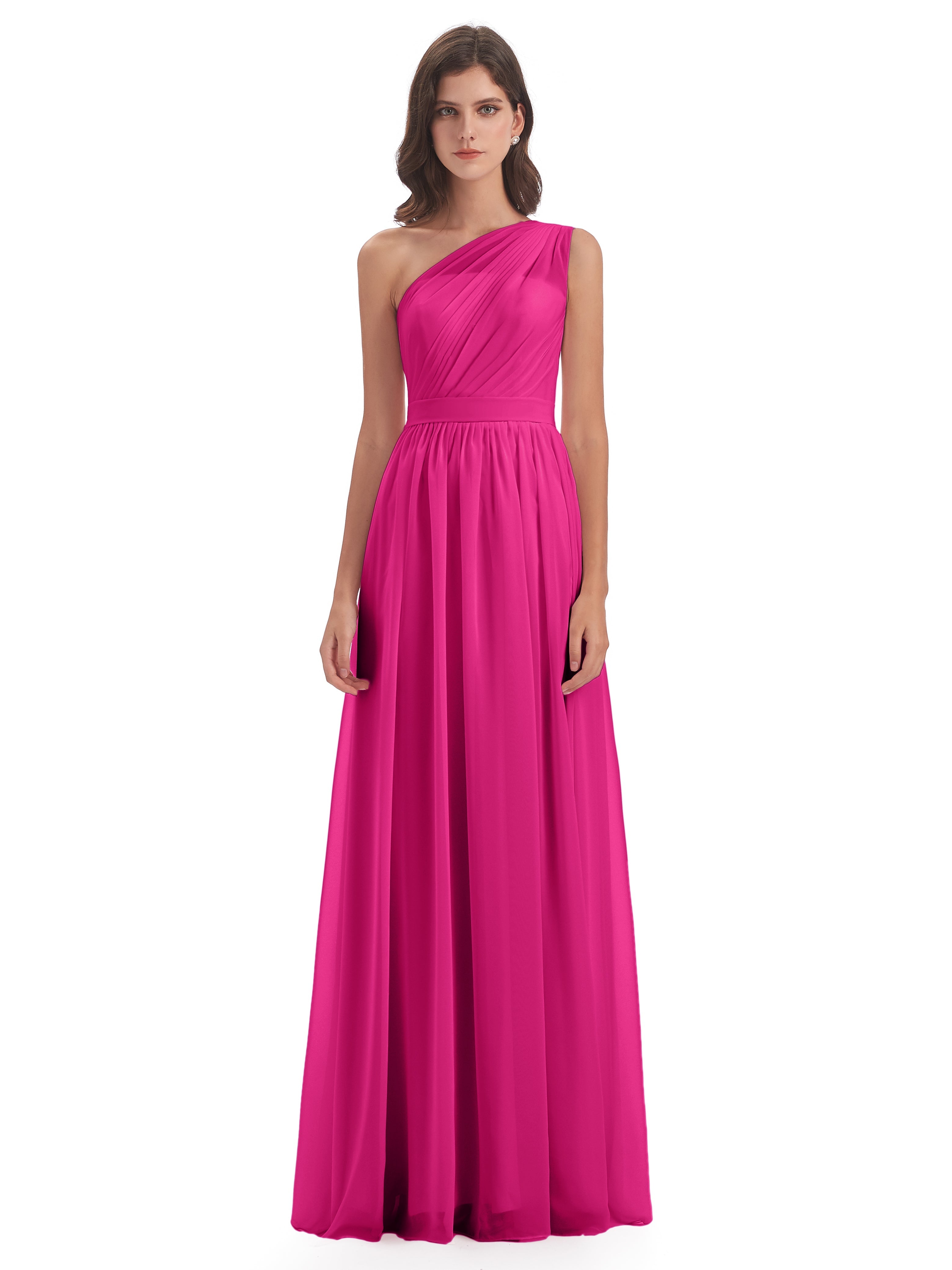 Robes De Demoiselle D'Honneur Couleur Rose Fuchsia Trapèze Seule-Épaule Mousseline Robes Demoiselle D'Honneur