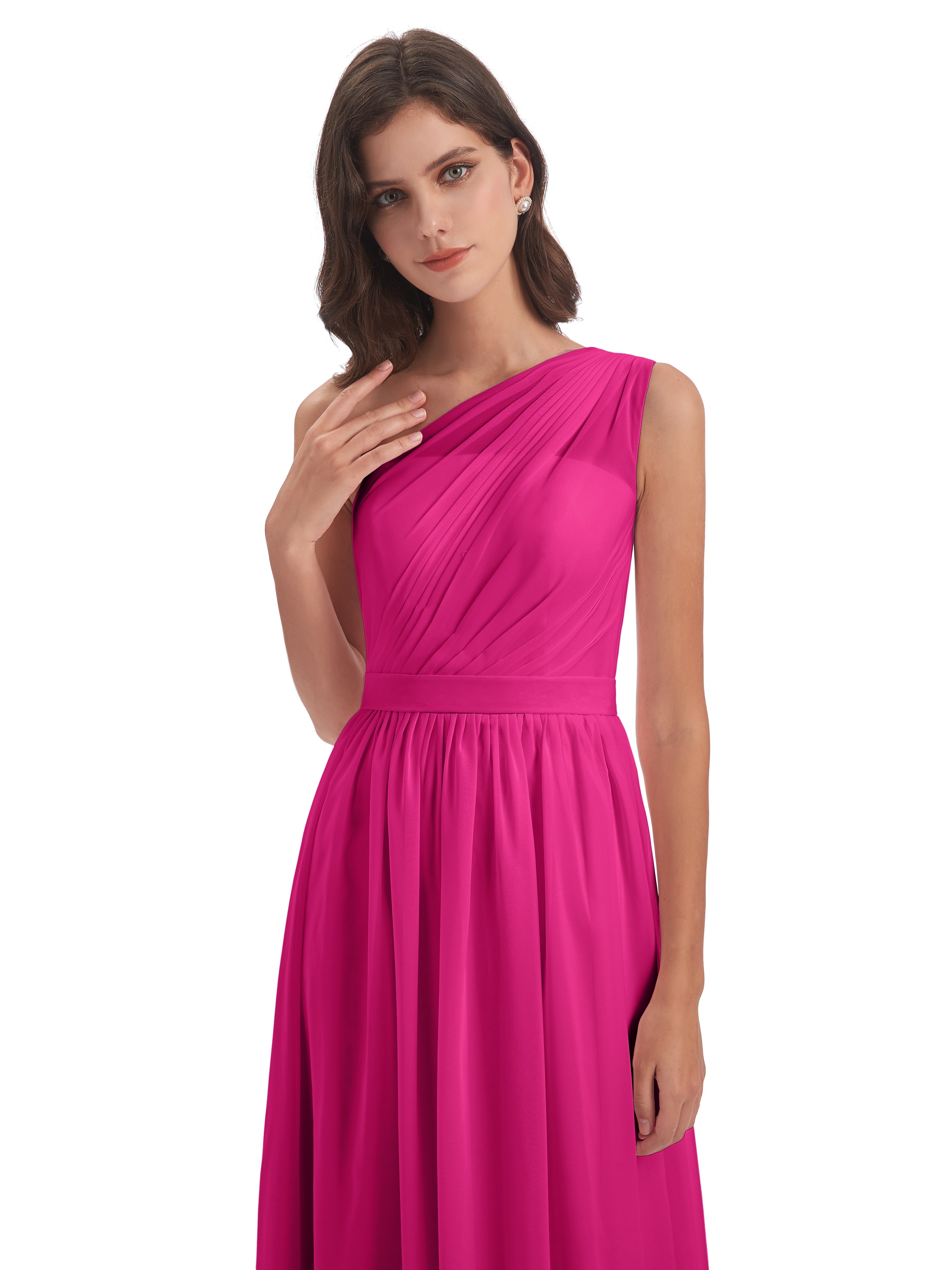 Robes De Demoiselle D'Honneur Couleur Rose Fuchsia Trapèze Seule-Épaule Mousseline Robes Demoiselle D'Honneur
