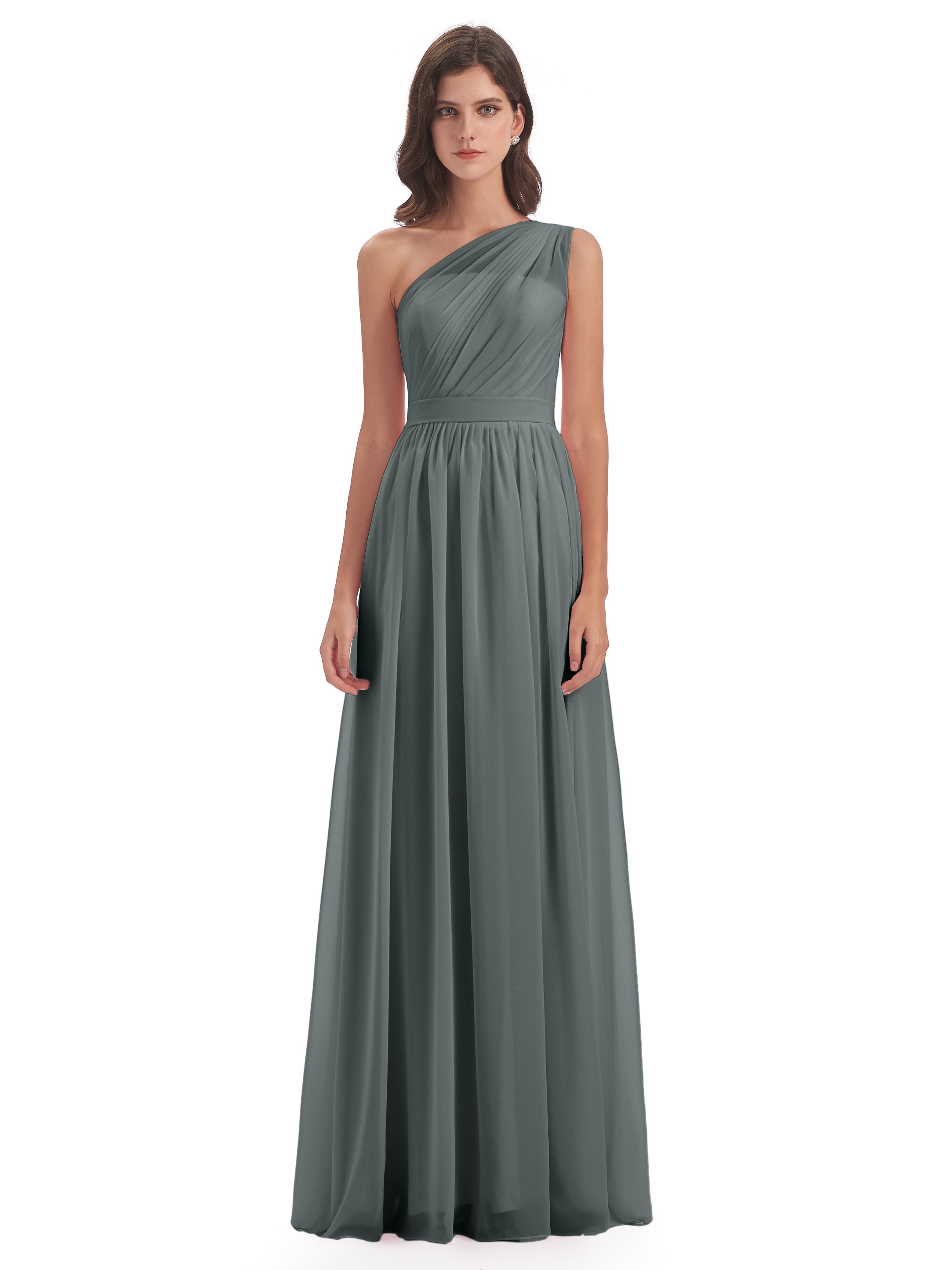 Robe Demoiselle D Honneur Grise Trapèze Seule-Épaule Mousseline Robes Demoiselle D'Honneur