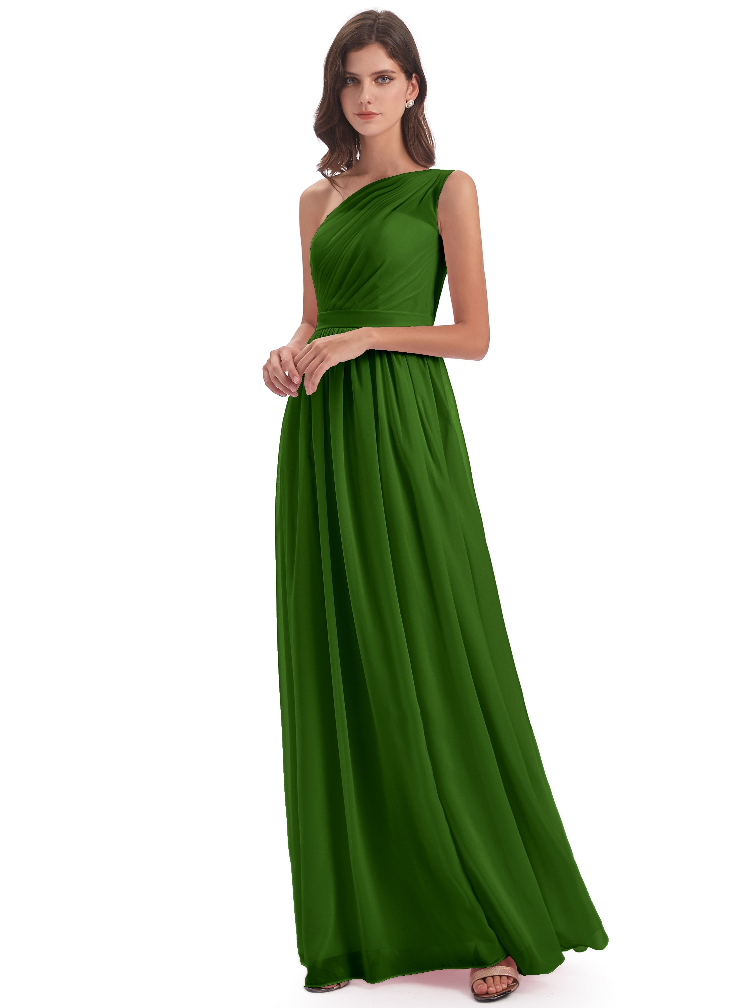 Robes De Demoiselle D'Honneur Vert Mousse A-ligne Seule-Épaule Mousseline Robes Demoiselle D'Honneur