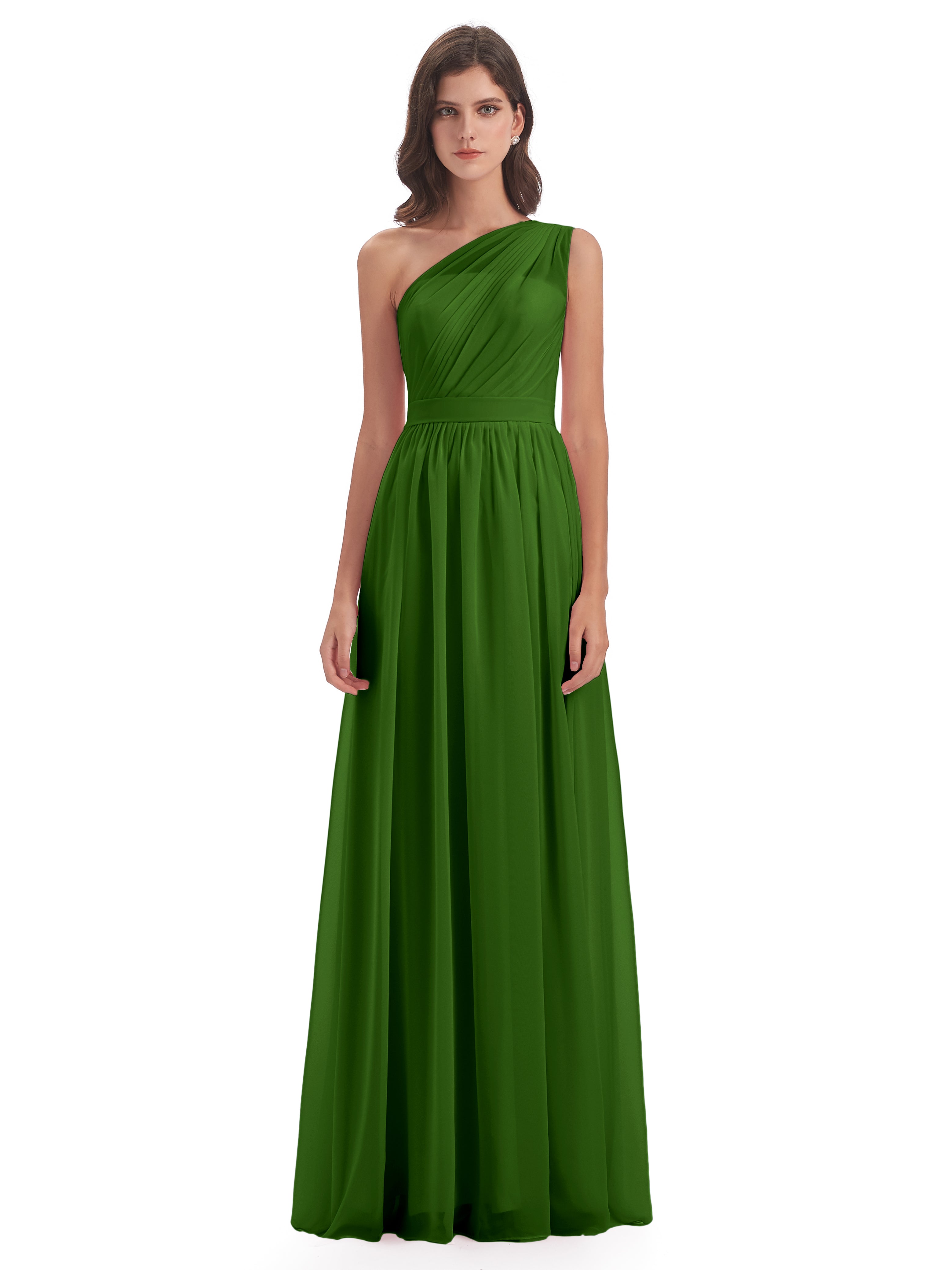 Robes De Demoiselle D'Honneur Vert Mousse A-ligne Seule-Épaule Mousseline Robes Demoiselle D'Honneur