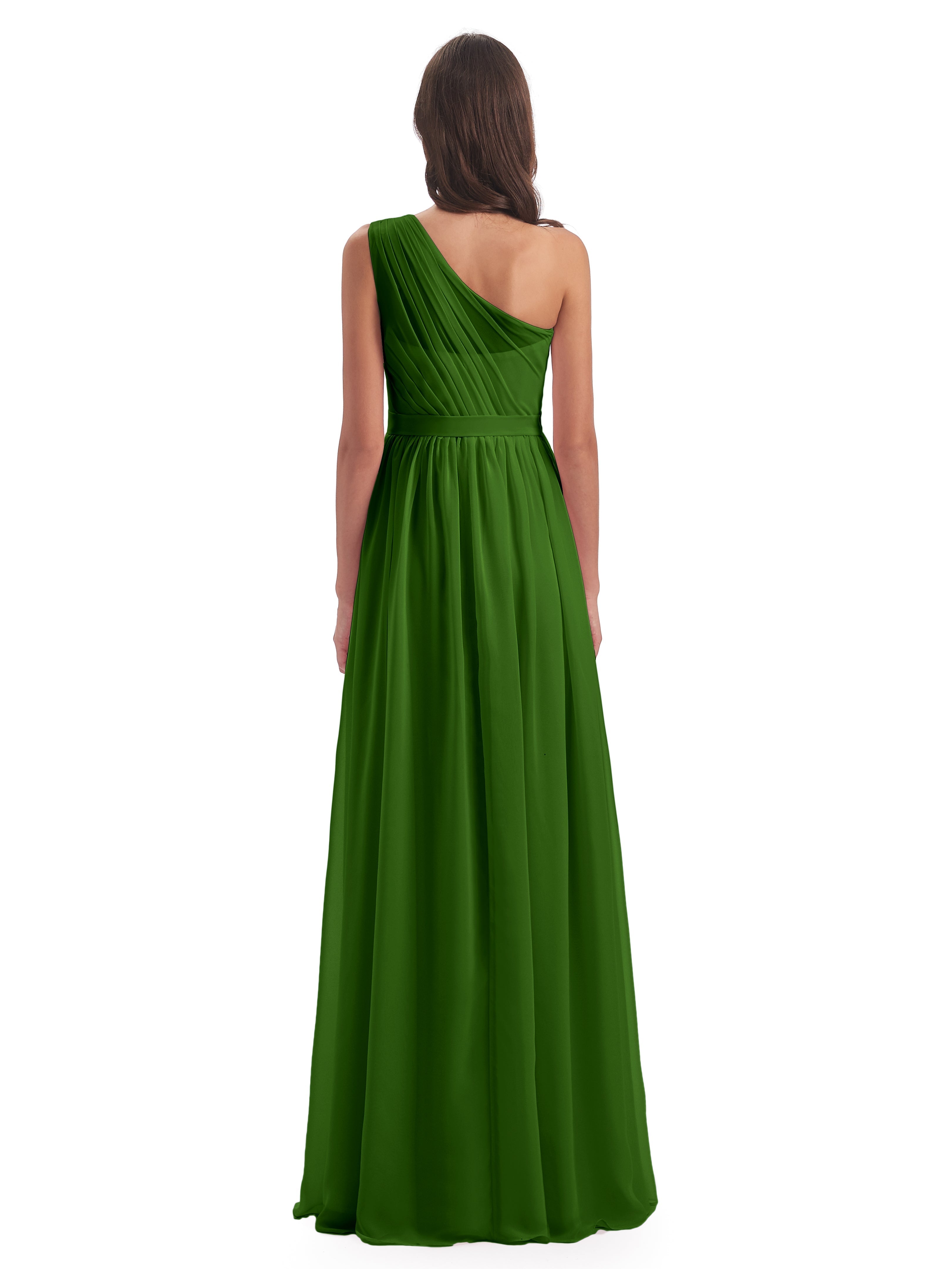 Robes De Demoiselle D'Honneur Vert Mousse A-ligne Seule-Épaule Mousseline Robes Demoiselle D'Honneur