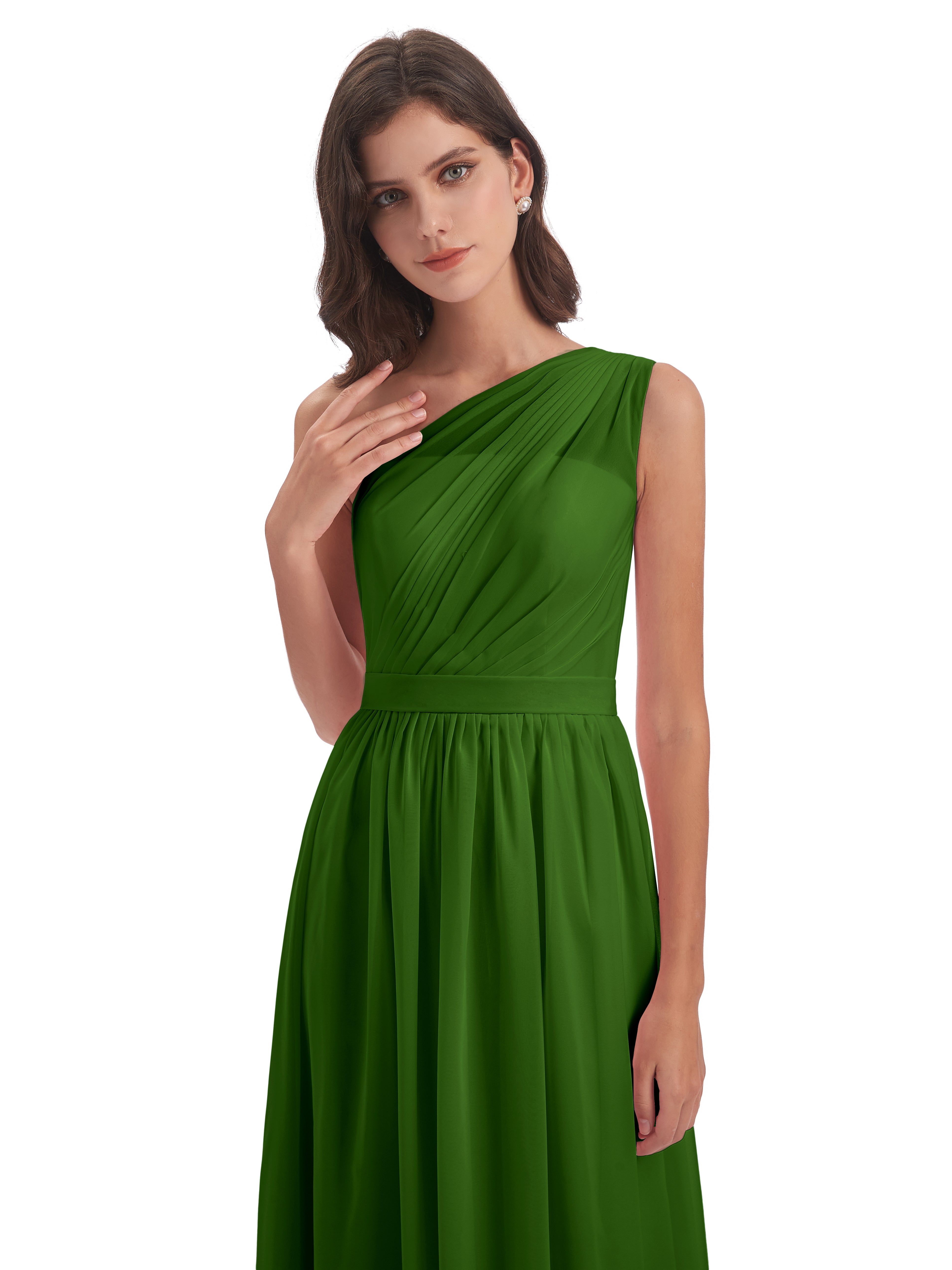 Robes De Demoiselle D'Honneur Vert Mousse A-ligne Seule-Épaule Mousseline Robes Demoiselle D'Honneur