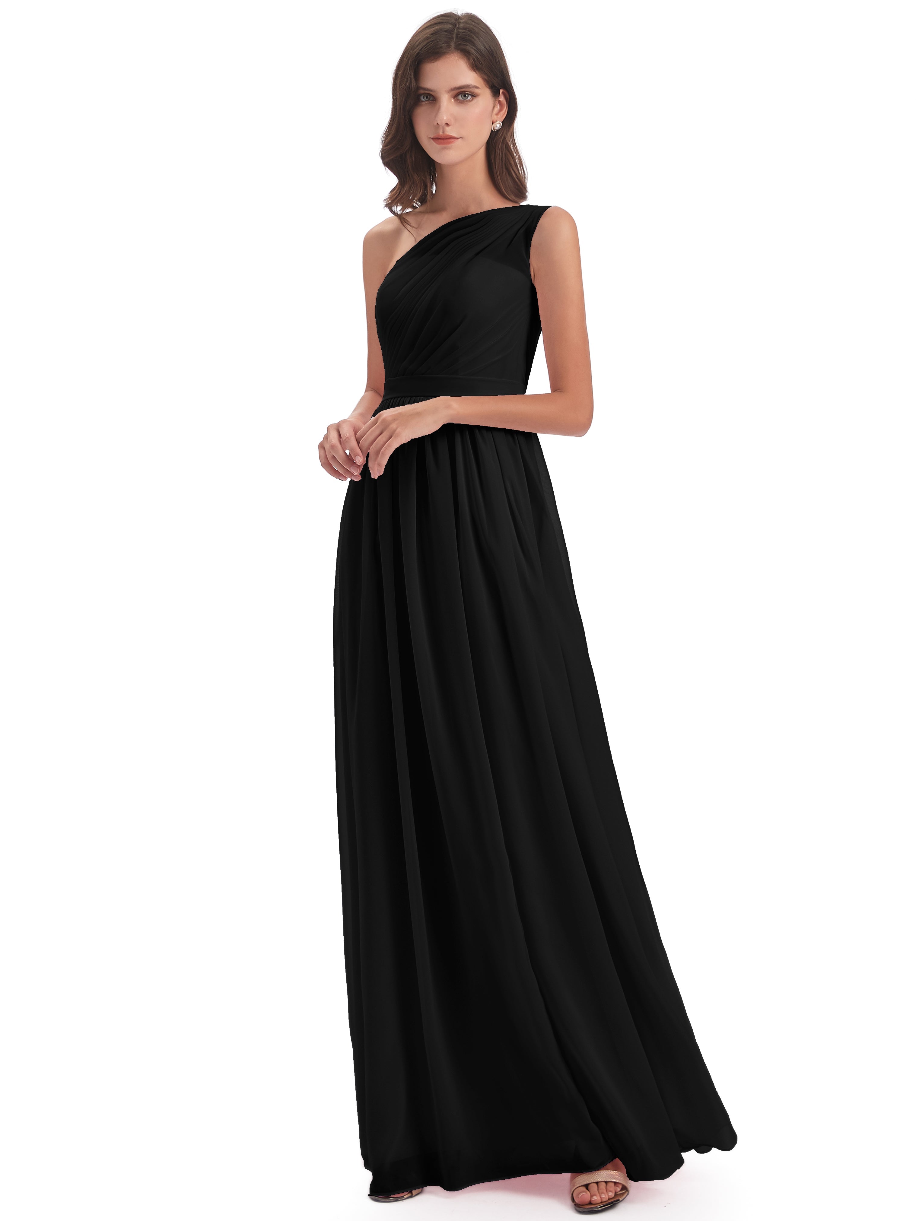 Longues Robes De Demoiselle D'Honneur Noires Trapèze Seule-Épaule Mousseline Robes Demoiselle D'Honneur