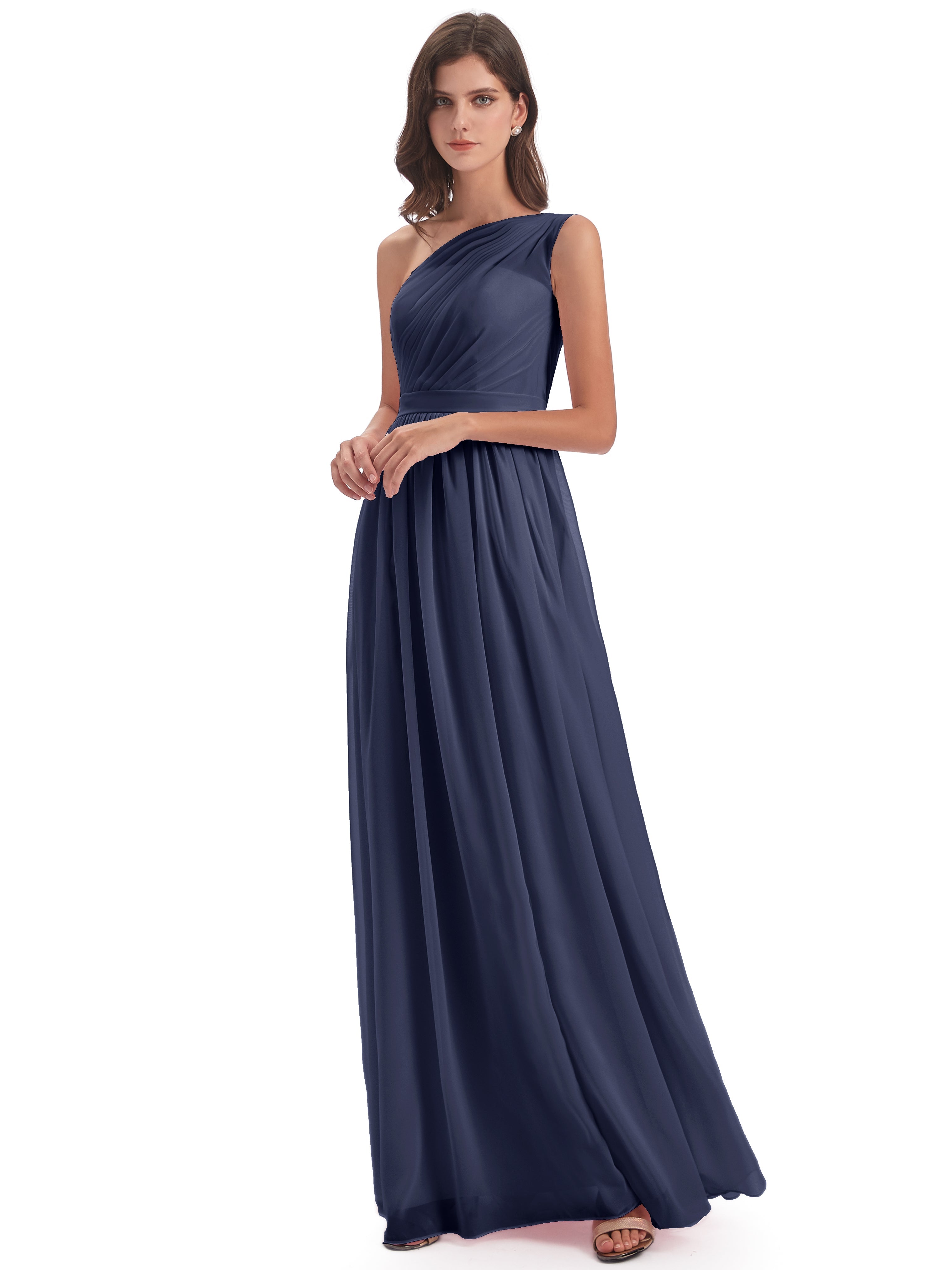Robes De Demoiselle D'Honneur Bleu Orageux A-ligne Seule-Épaule Mousseline Robes Demoiselle D'Honneur