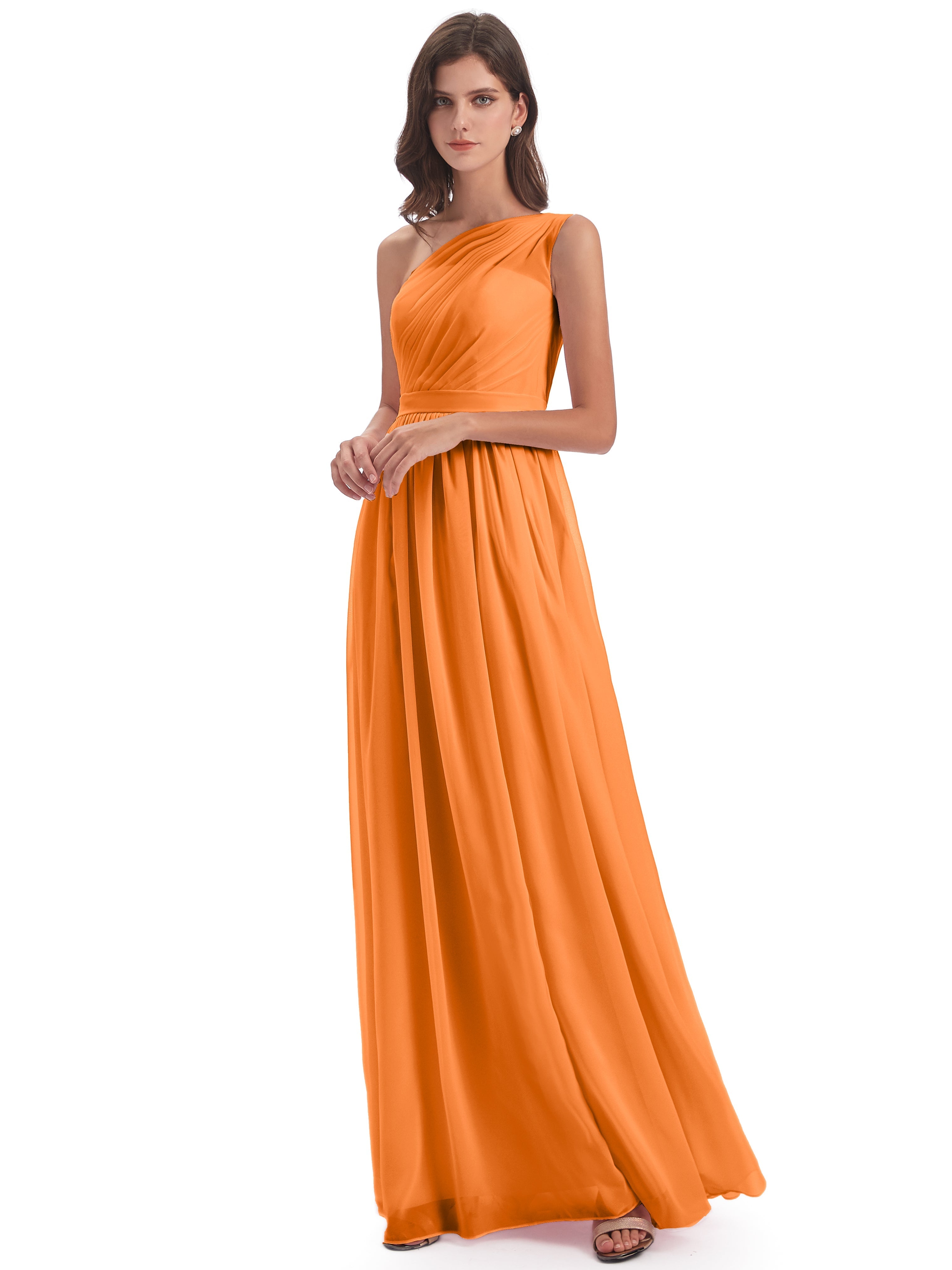 Robes De Demoiselle D'Honneur Orange Trapèze Seule-Épaule Mousseline Robes Demoiselle D'Honneur
