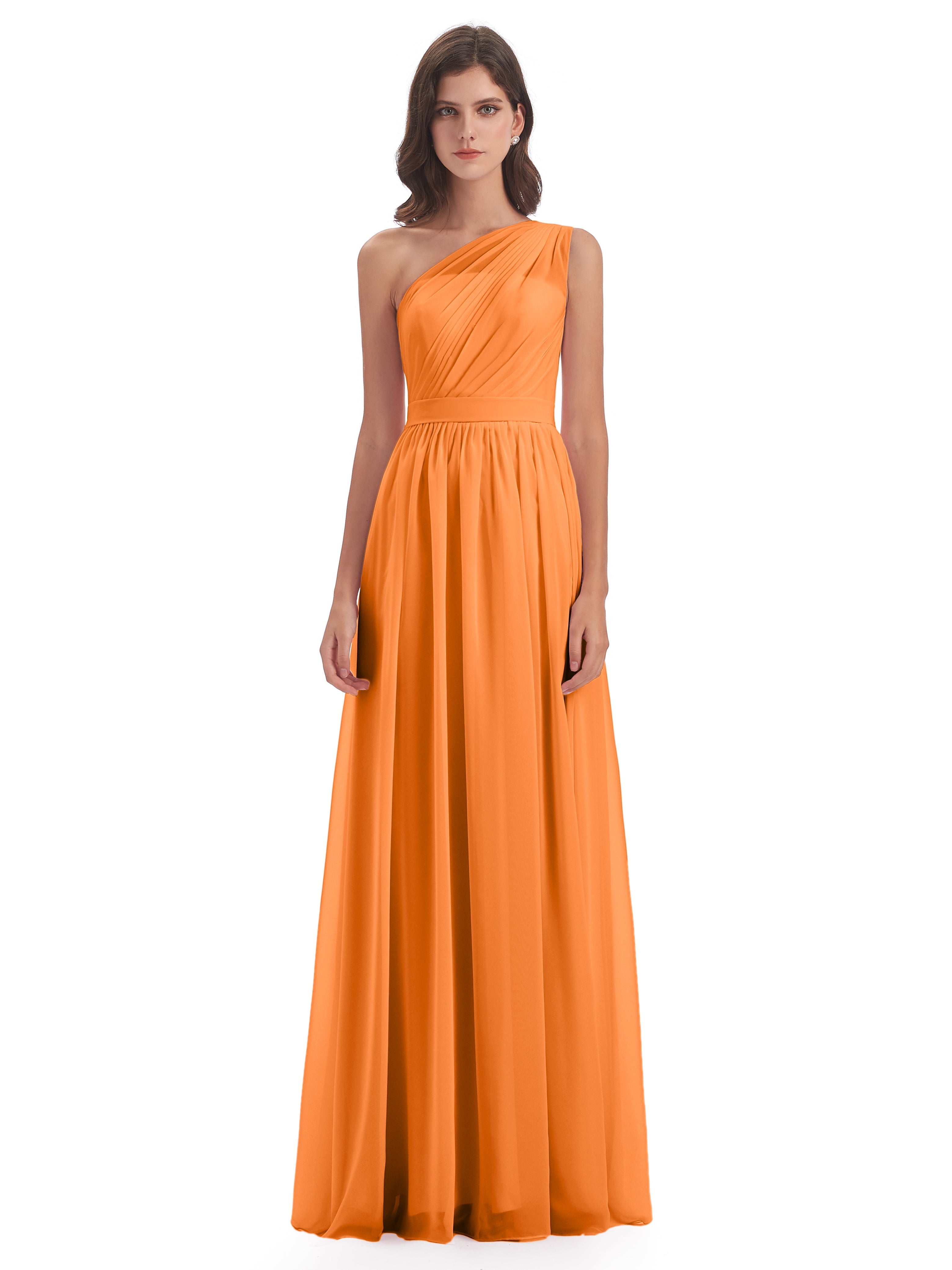 Robes De Demoiselle D'Honneur Orange Trapèze Seule-Épaule Mousseline Robes Demoiselle D'Honneur