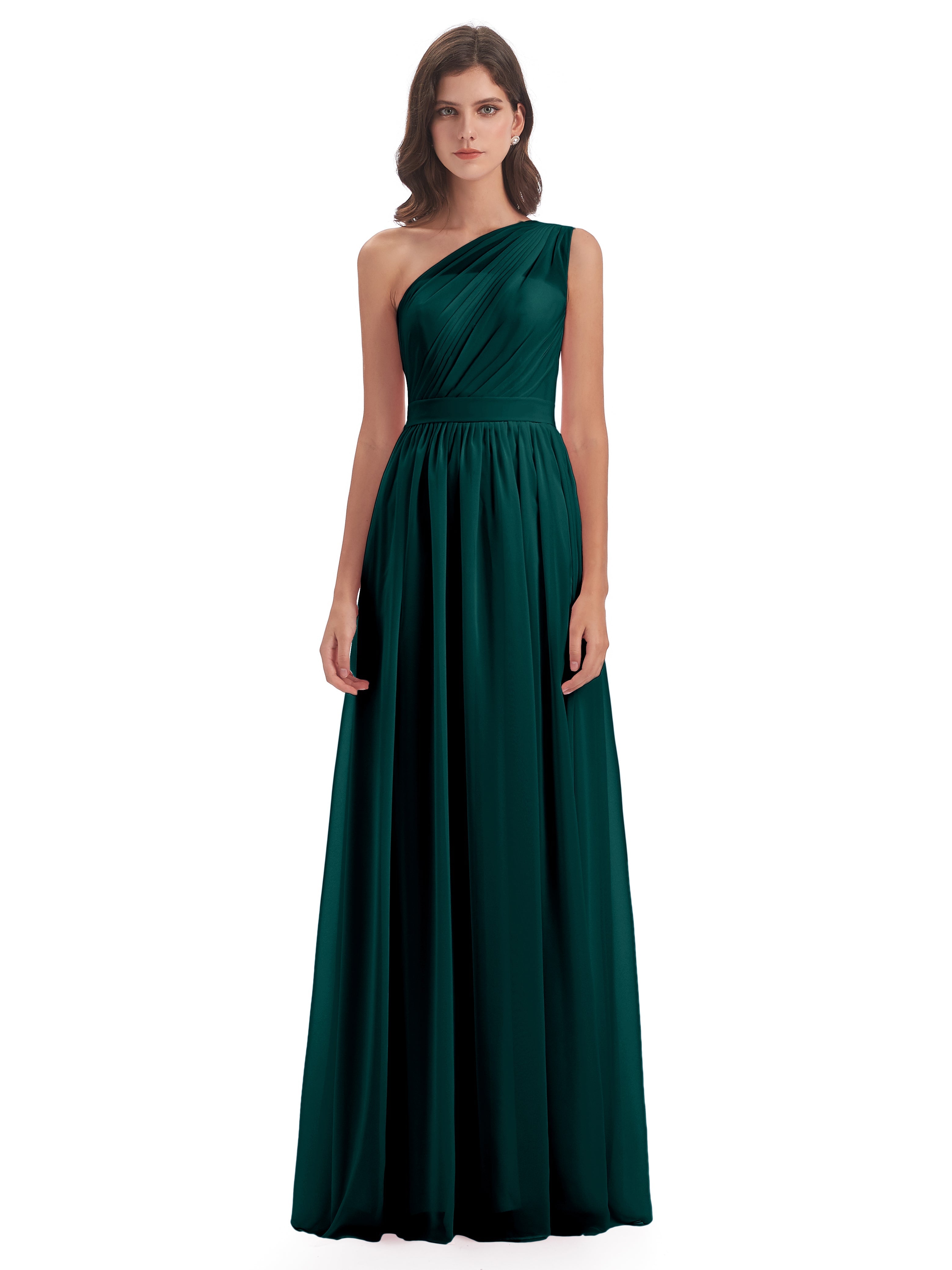 Robes De Demoiselle D'Honneur Bleu Paon Trapèze Seule-Épaule Mousseline Robes Demoiselle D'Honneur