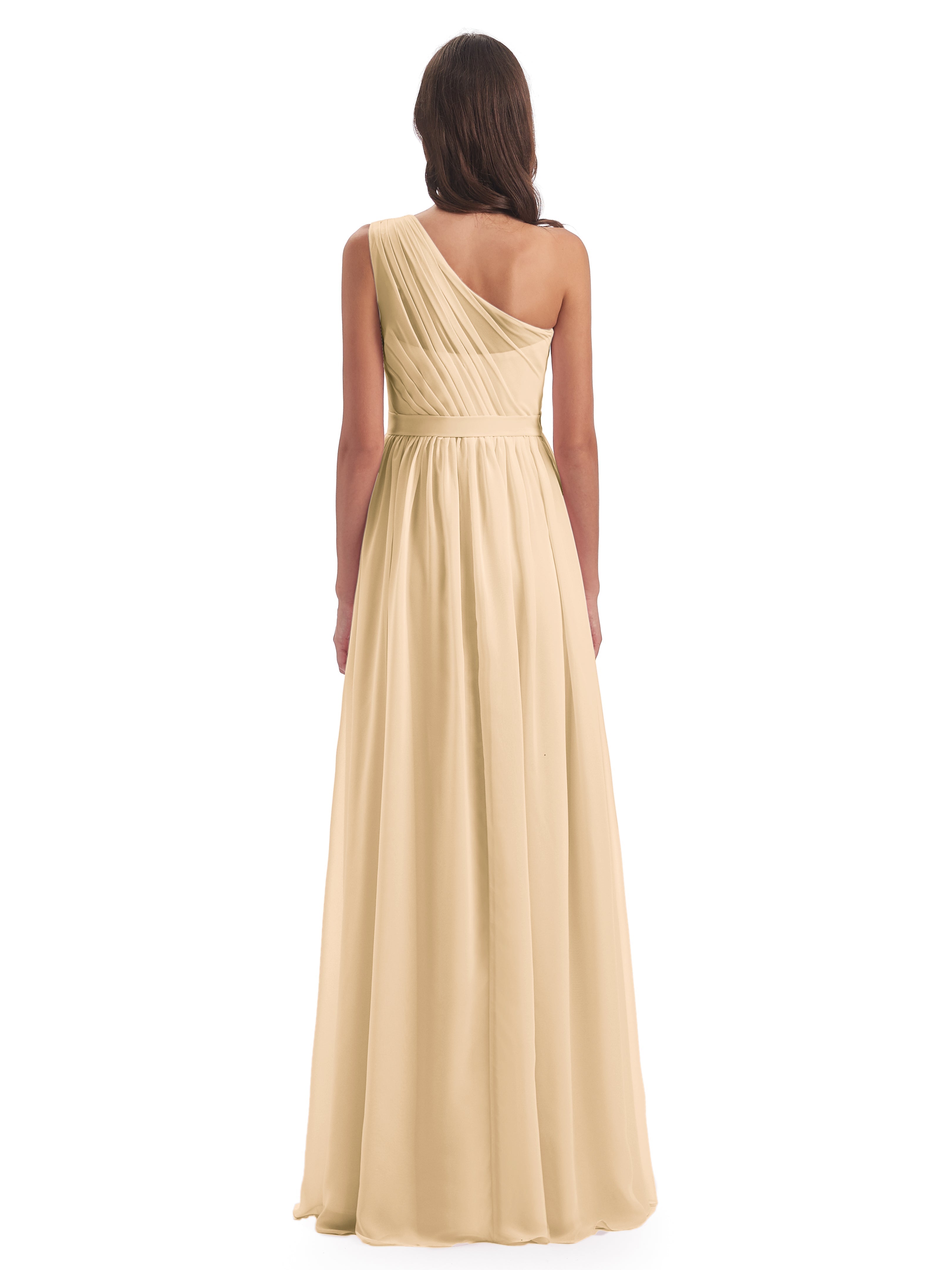 Robe Pêche Demoiselle D Honneur Trapèze Seule-Épaule Mousseline Robes Demoiselle D'Honneur