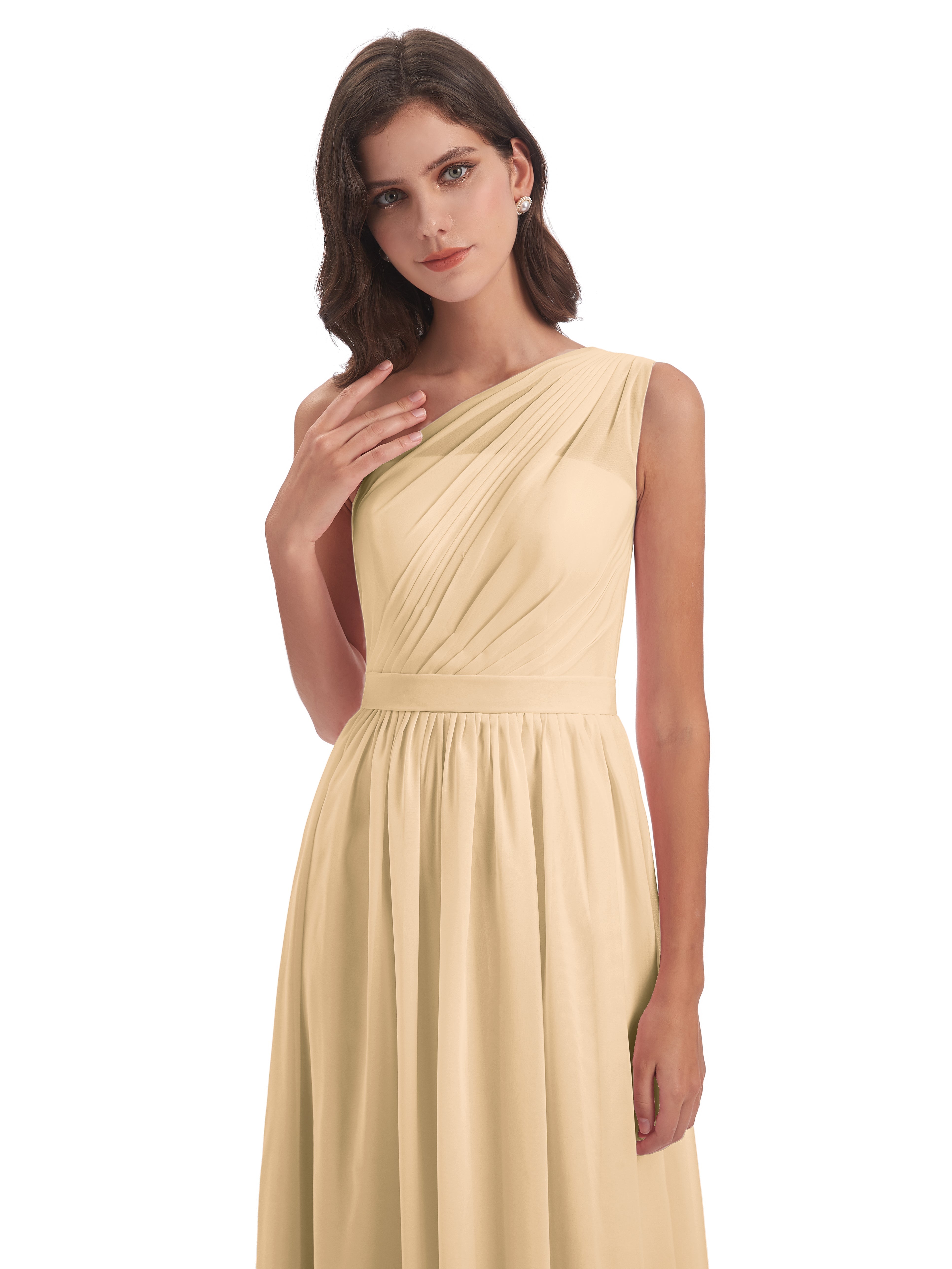 Robe Pêche Demoiselle D Honneur Trapèze Seule-Épaule Mousseline Robes Demoiselle D'Honneur