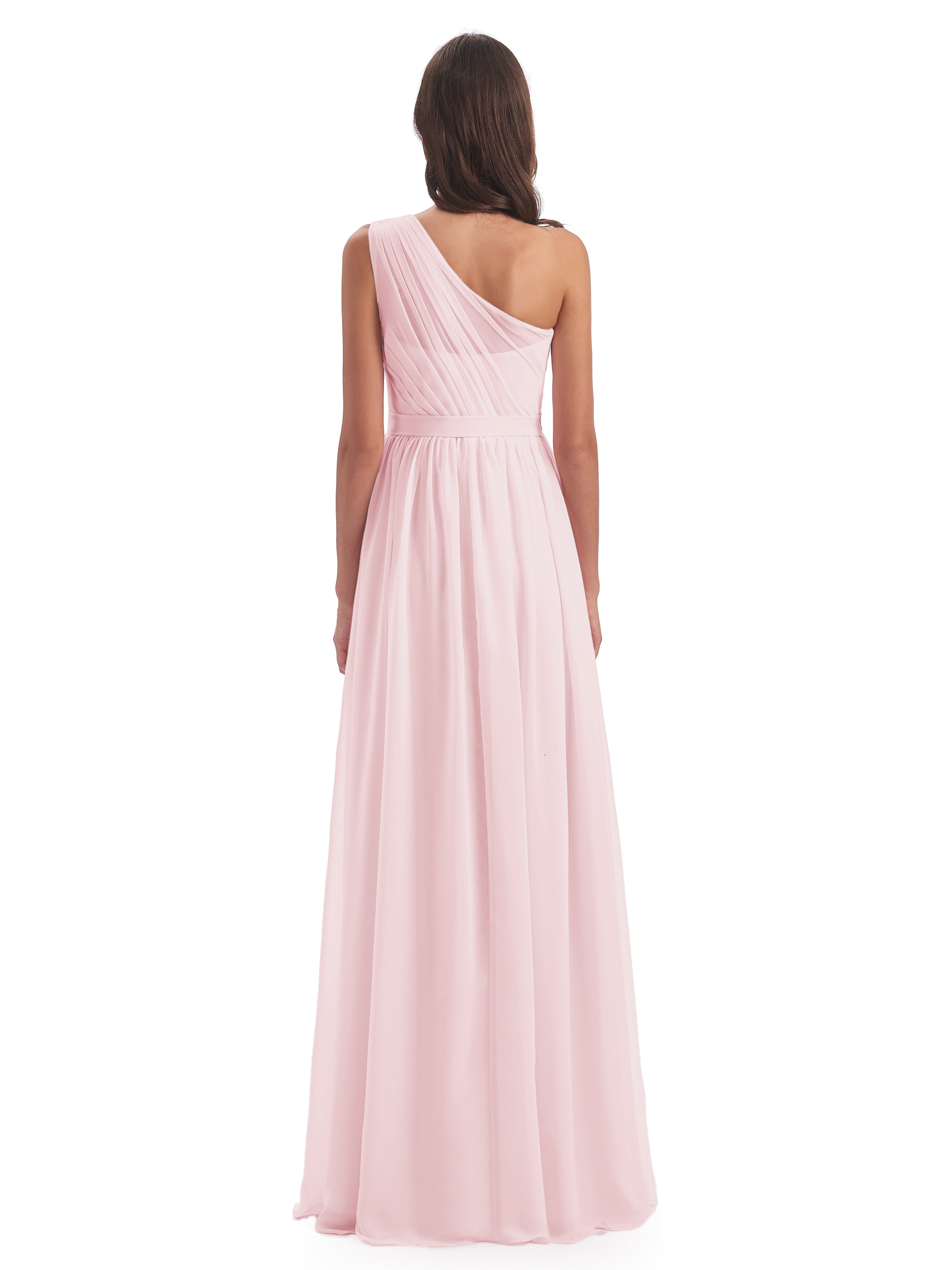 Robe Demoiselle D Honneur Rose Pale Trapèze Seule-Épaule Mousseline Robes Demoiselle D'Honneur